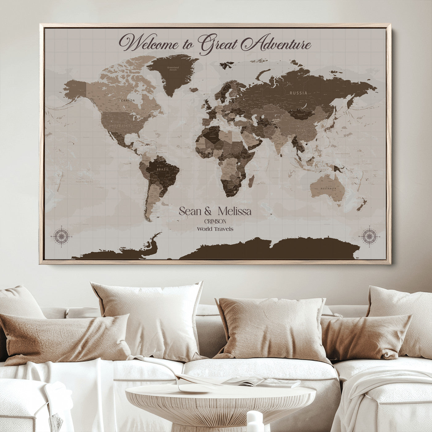 -Personalized World Map Canvas Custom Framed Push Pin Travel Tracker Modern Minimalist Wall Art Gift Couples for Home, Office
