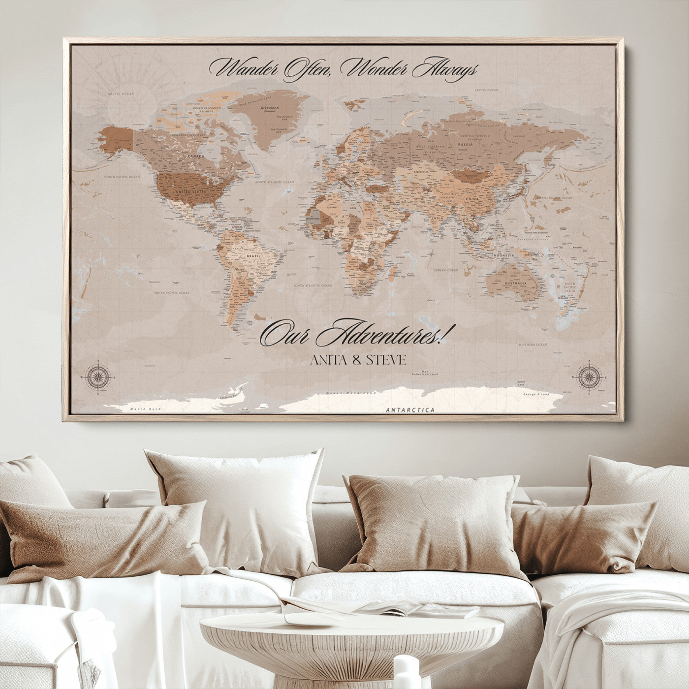 -Personalized World Map Canvas Custom Framed Push Pin Travel Tracker Elegant Neutral Wall Art Gift Couples Travelers for Home, Office