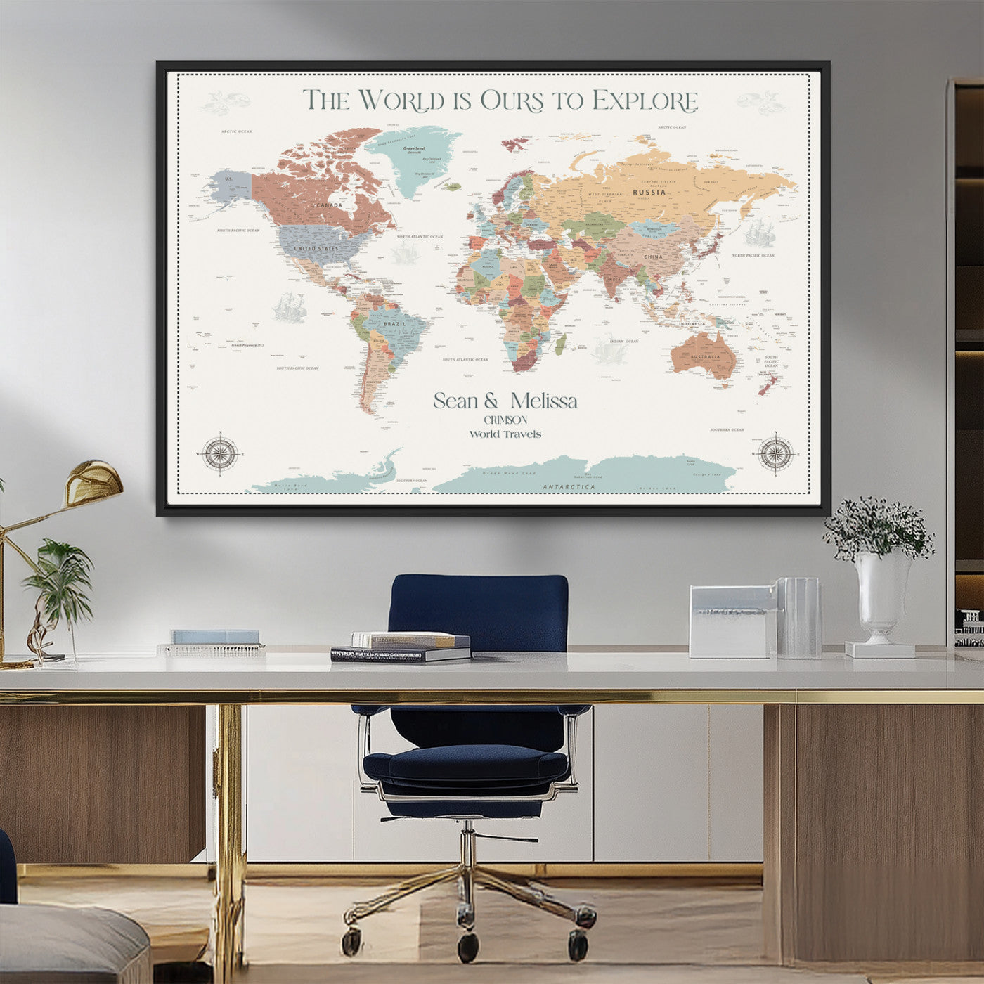 Rehber01-MGV-CV-36X24-Custom Push Pin World Map Wall Art Canvas Print – Personalized Travel Tracker with Pins Framed Large for home, office