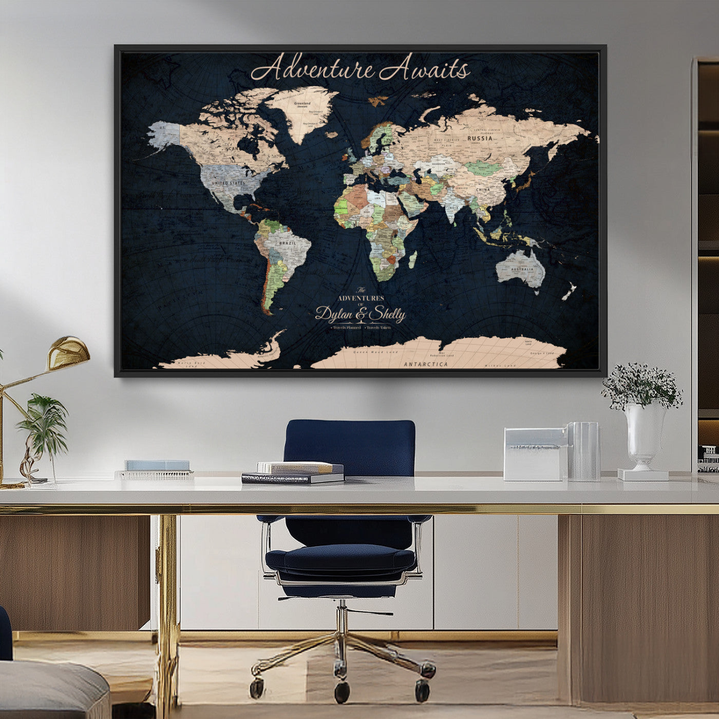 Rehber01-MGV-CV-36X24-Personalized World Map Canvas Print – Framed Push Pin Travel Wall Art for Couples – Adventure & Anniversary Gift