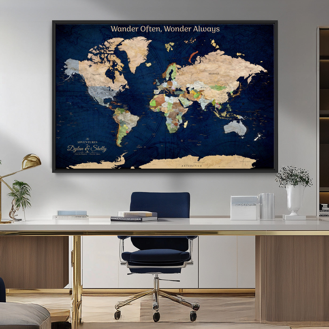Rehber01-MGV-CV-36X24-Personalized World Map Canvas – Custom Framed Push Pin Travel Map Wall Art, Navy Blue Vintage Gift for Couples and Adventurers