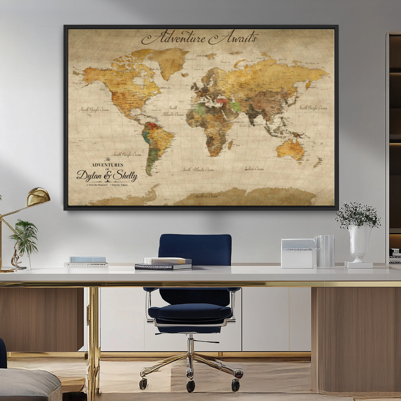50298017-MGV-CV-36X24-Personalized World Map Canvas – Custom Framed Push Pin Travel Map Wall Art, Vintage Style Gift for Couples and Travelers