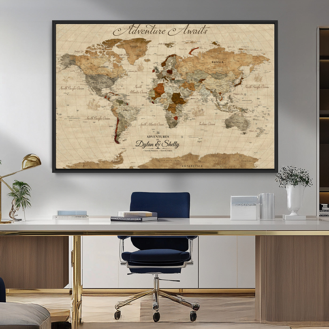Rehber01-MGV-CV-36X24-Personalized World Map Canvas – Custom Framed Push Pin Travel Map Wall Art with Names, Vintage Style Gift for Couples