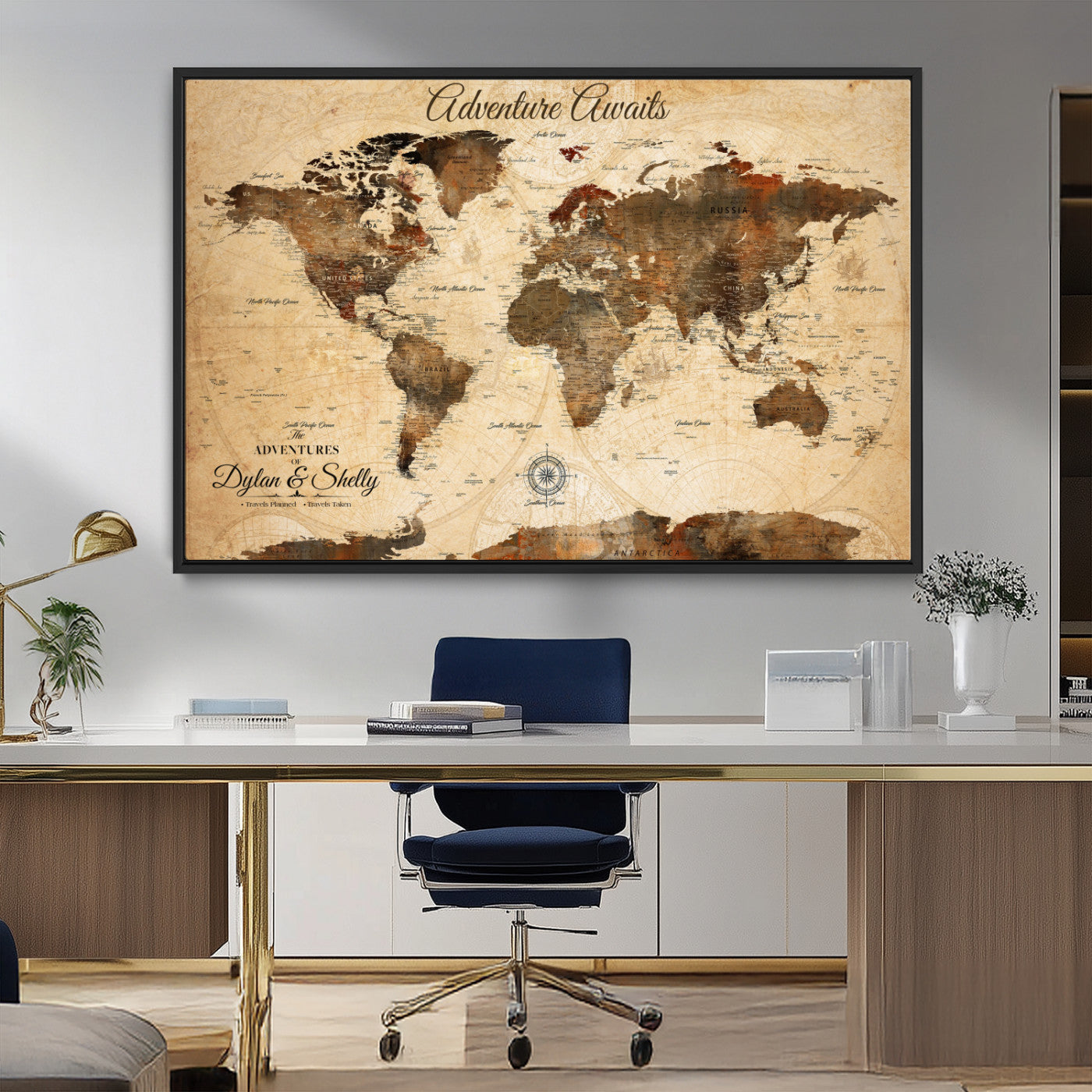 Rehber01-MGV-CV-36X24-Personalized World Map Canvas Wall Art – Custom Framed Push Pin Travel Tracker Print, Unique Gift for Home or Office Decor