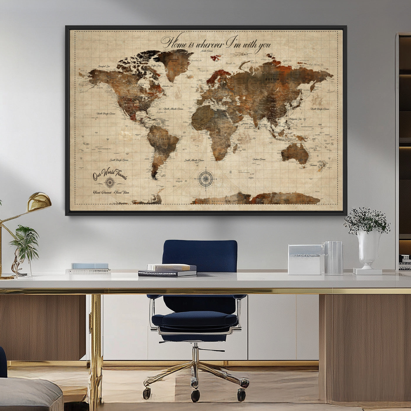 96762438-MGV-CV-36X24-Personalized World Map Print, Customizable Push Pin Framed World Map Print on Canvas - Custom Quote on Map Print