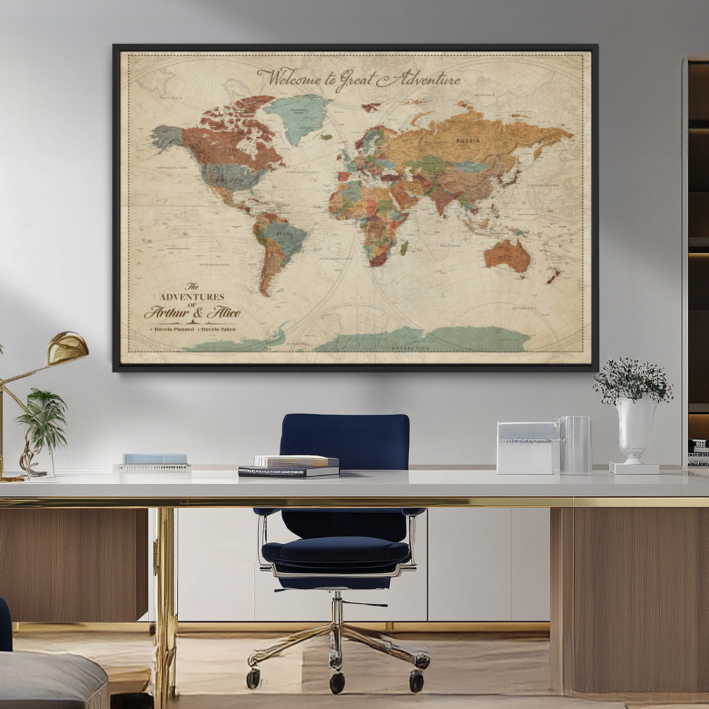 -Personalized World Map Canvas Wall Art – Custom Framed Push Pin Travel Tracker Print, Unique Gift for Home or Office Decor