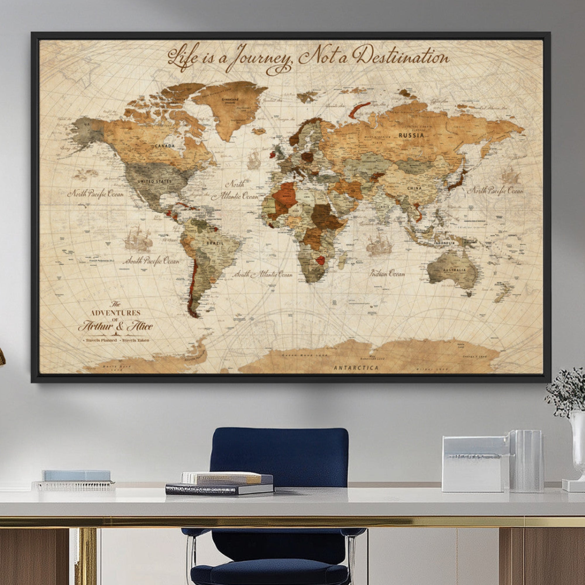 Rehber01-MGV-CV-36X24-Personalized Framed World Map Wall Art Canvas Print – Custom Push Pin Travel Tracker Handcrafted USA for Home Office