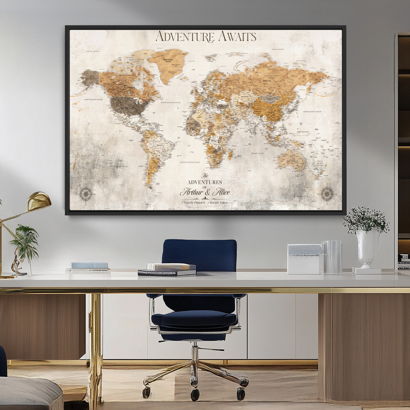 Rehber01-MGV-CV-36X24-Personalized World Map Canvas Print – Custom Push Pin Travel Map Vintage Neutral Style Gift for Couples Travelers for Home Office
