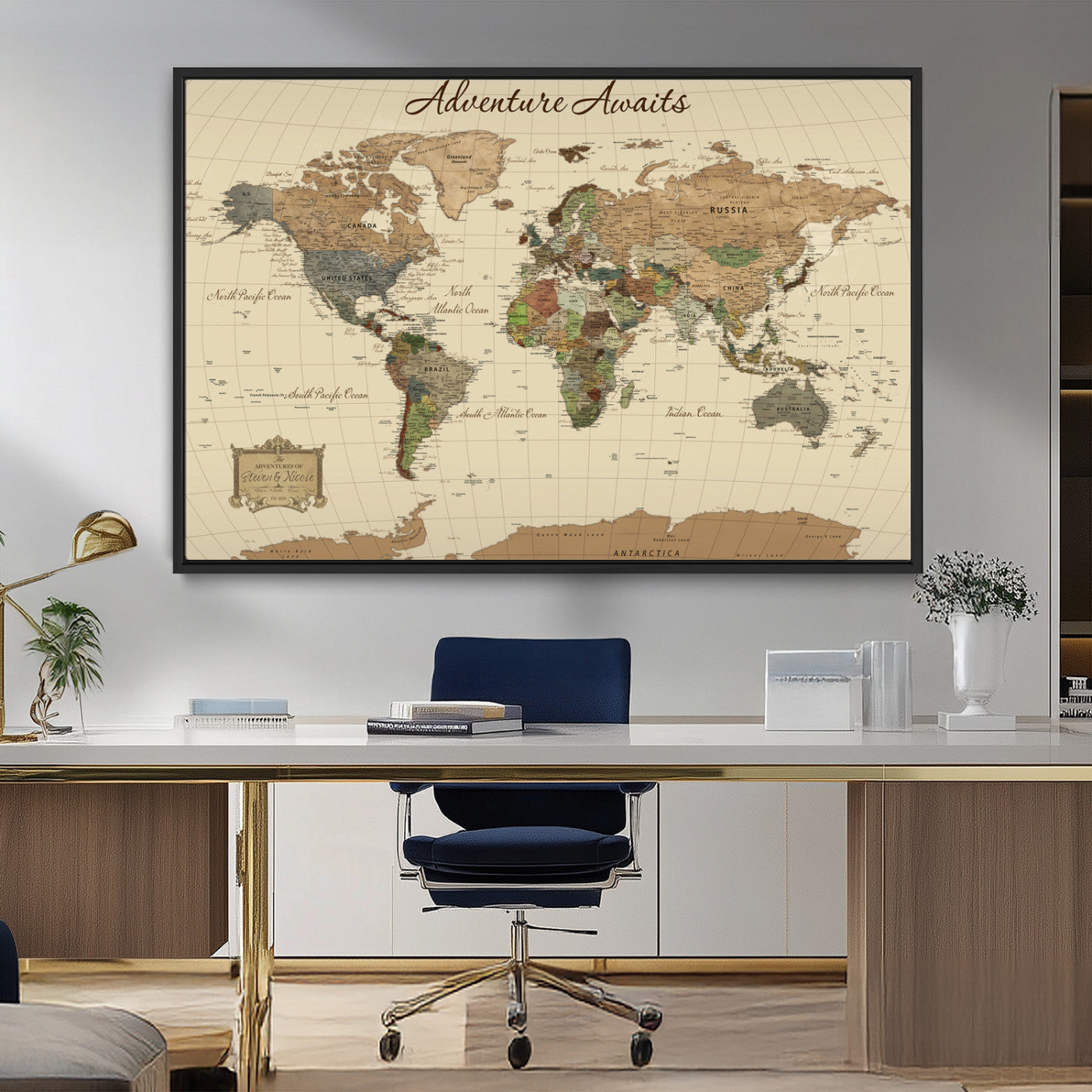 -Personalized Custom World Map Wall Art Canvas Print – Travel Tracker Adventure Destination Decor for Home Office