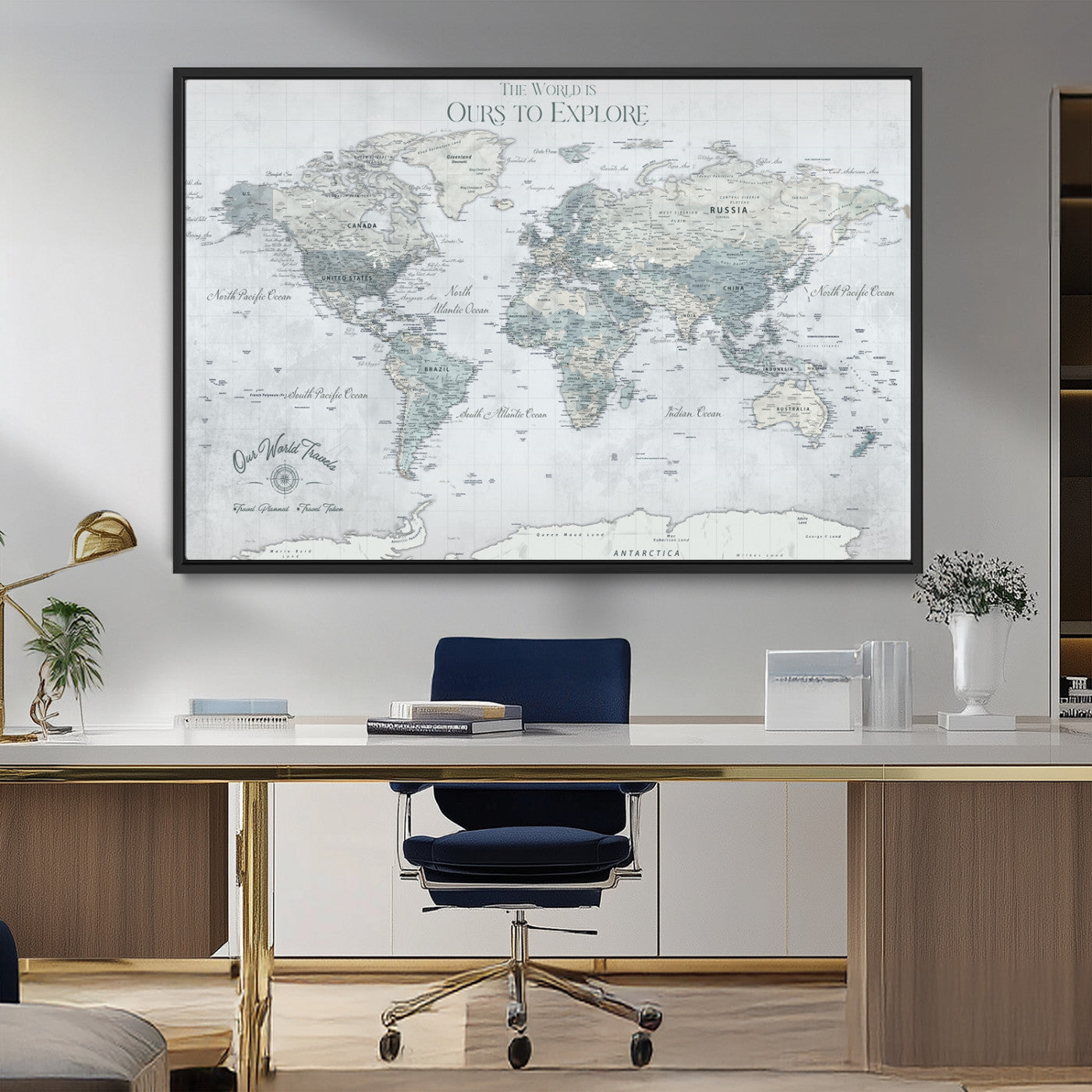 Rehber01-MGV-CV-36X24-Personalized Push Pin World Map Canvas Print – Custom Framed Travel Tracker Wall Art Large Map Artwork for Home, Office