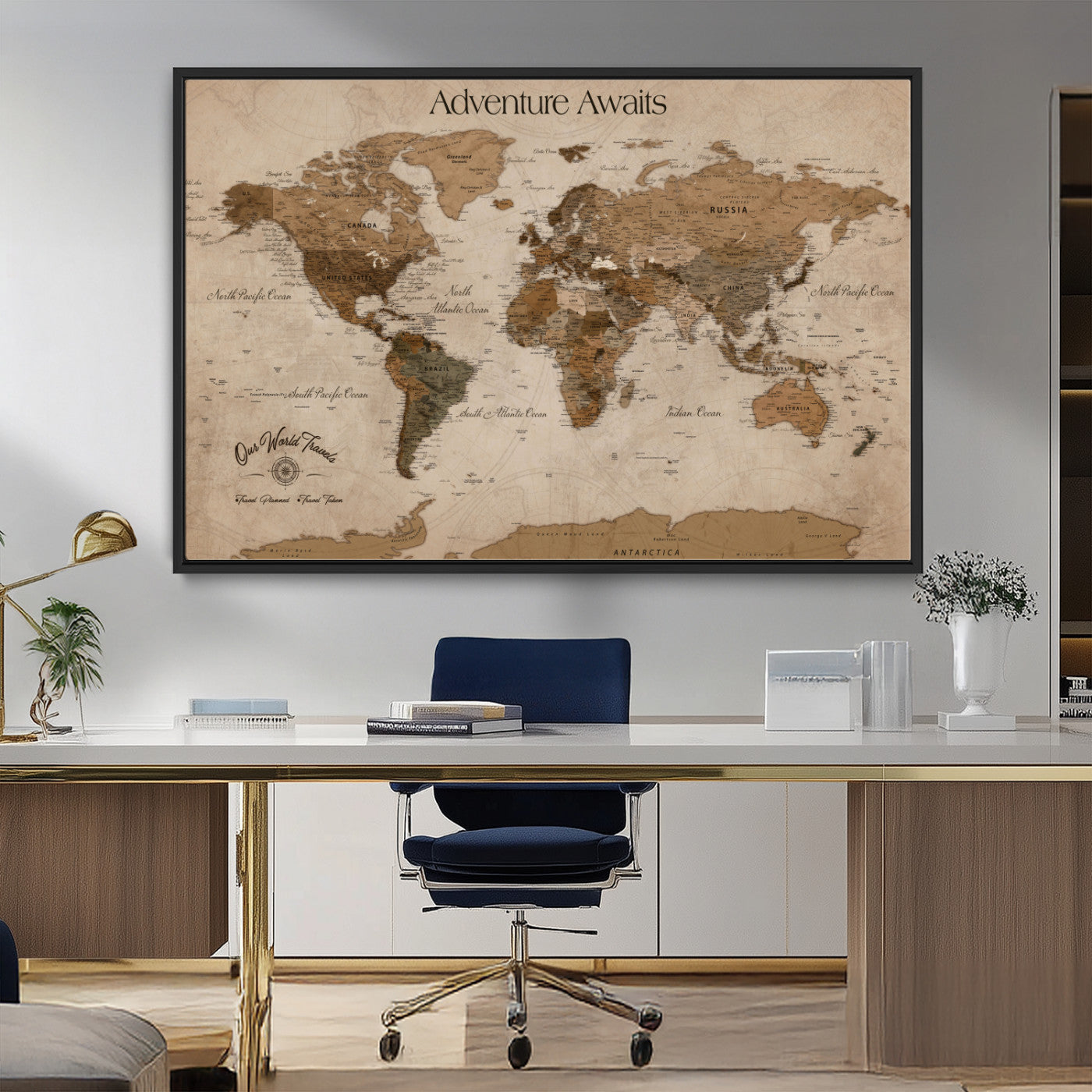 Rehber01-MGV-CV-36X24-Personalized Framed World Map Wall Art Canvas – Custom Push Pin Travel Map with 100 Pins Foam Backing for Home Office