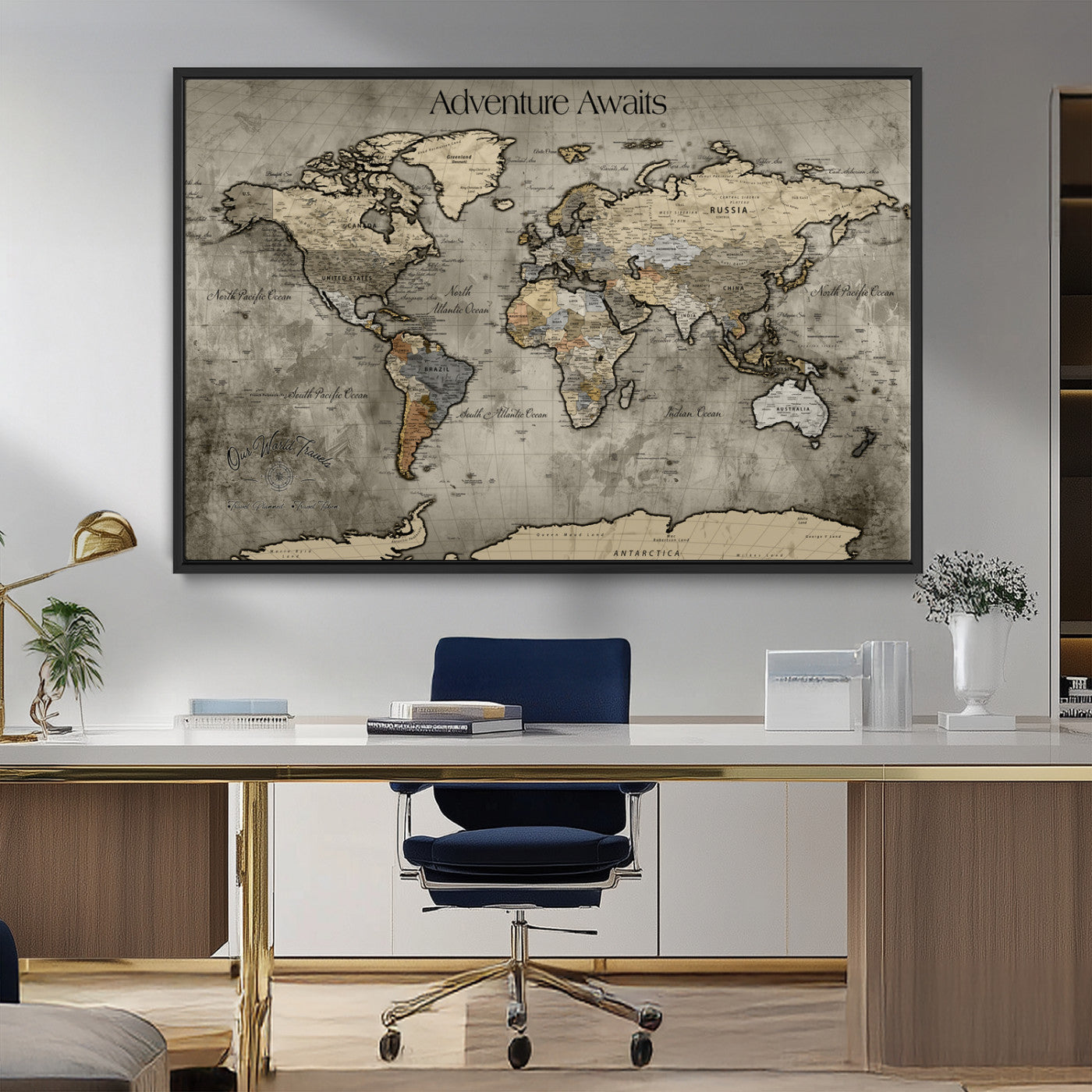 -Tree Rings Wall Art Canvas Print, Framed Wood Texture Art Picture Print, Blue Grain Perfect Rustic