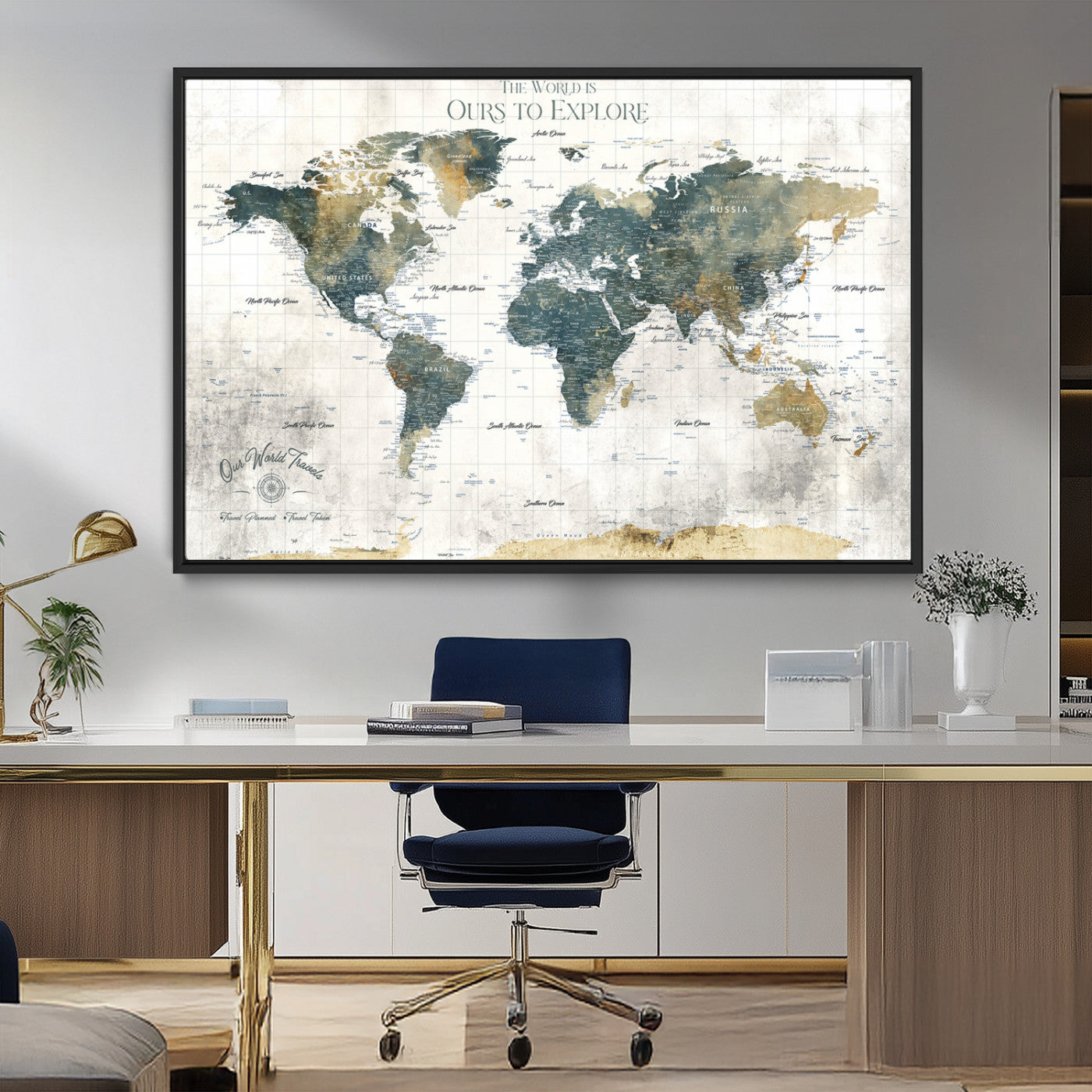 -Custom Push Pin World Map Wall Art Canvas Print – Adventure Travel Tracker Map with Pins Artwork for Home Office