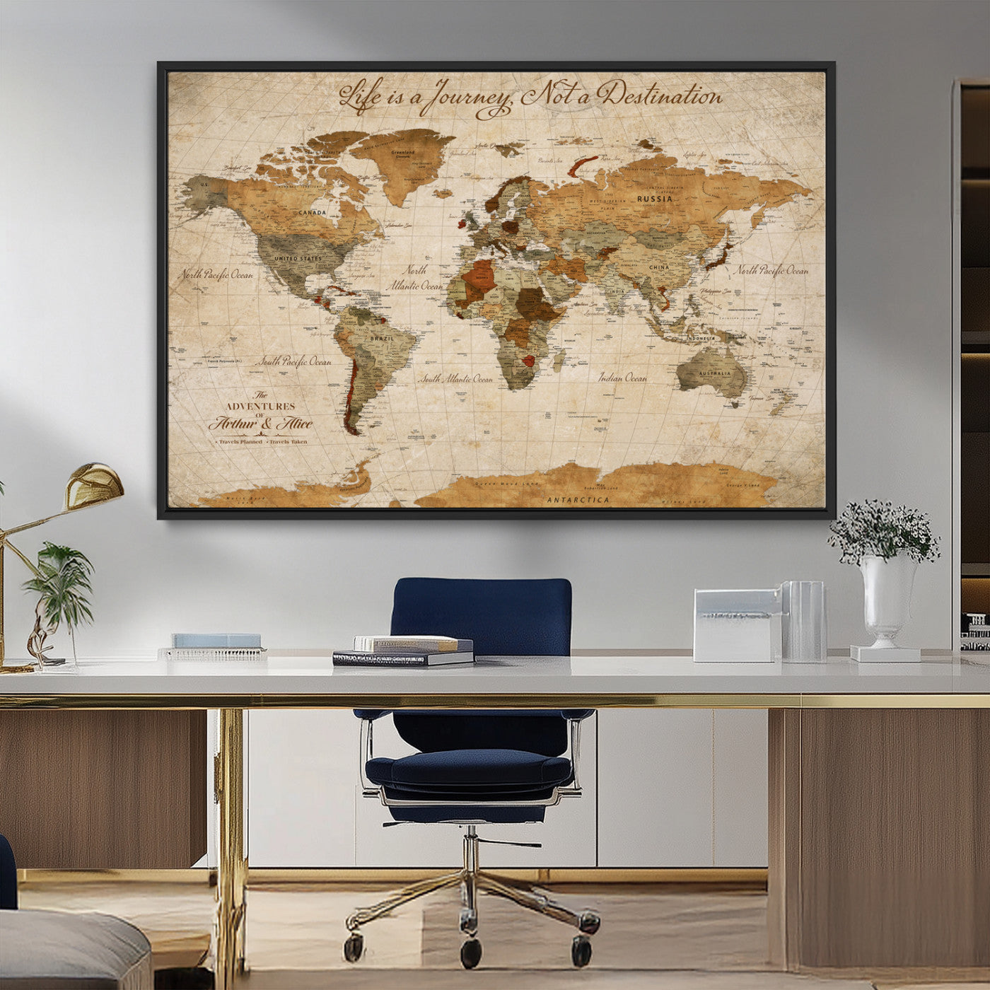 Rehber01-MGV-CV-36X24-Personalized Vintage World Map Canvas – Custom Framed Push Pin Travel Map Wall Art, Rustic Gift for Couples and Travel Lovers