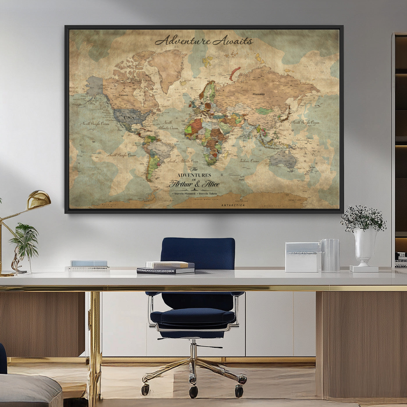 Rehber01-MGV-CV-36X24-Personalized Vintage World Map Canvas Print – Custom Push Pin Travel Map Antique Style Gift for Couples Travelers for Home Office