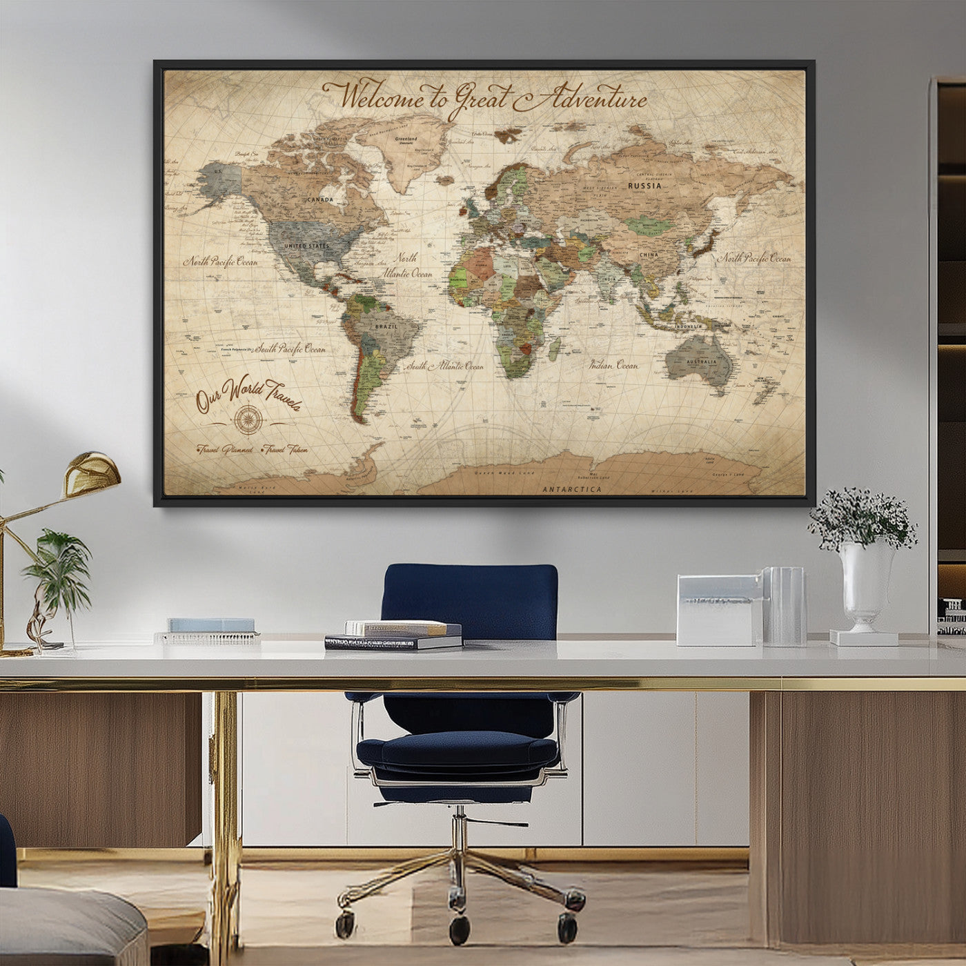 -Personalized Antique World Map Canvas Print – Custom Push Pin Travel Tracker Vintage Adventure Gift for Couples for Home, Office