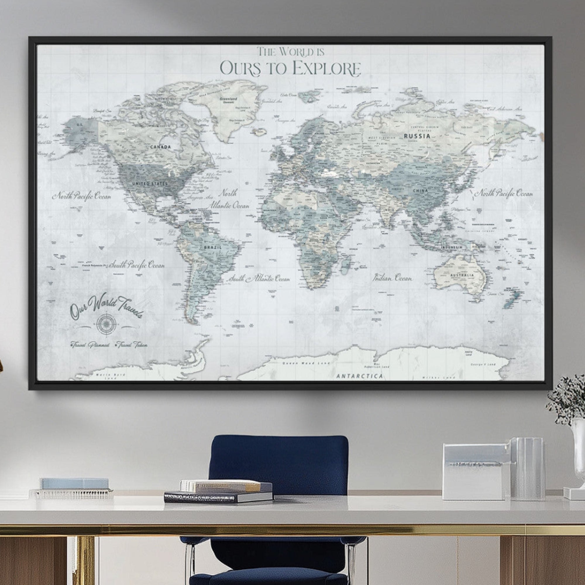 Rehber01-MGV-CV-36X24-Personalized Push Pin World Map Canvas Print – Custom Adventure Travel Map Framed Wall Art Gift for home, office