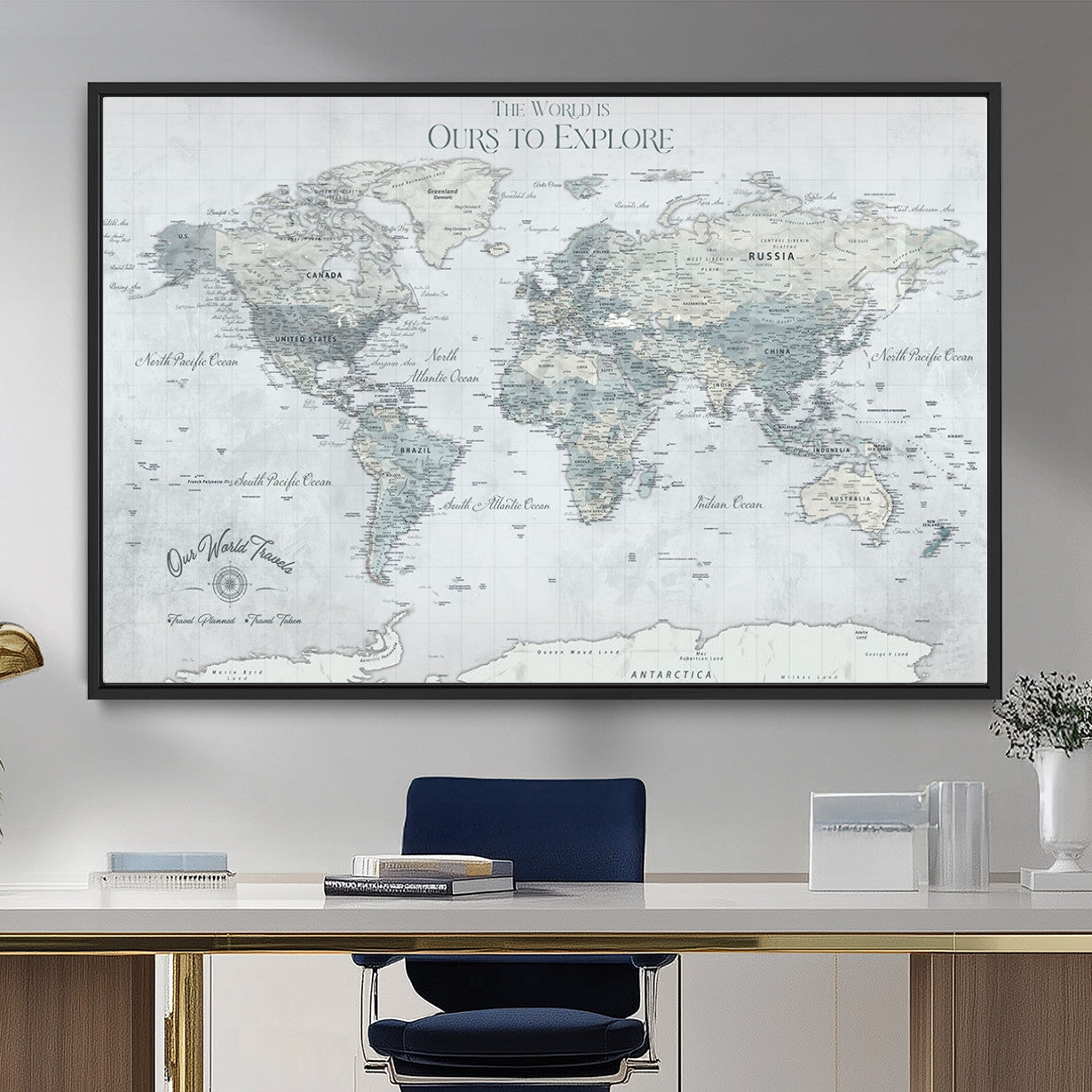 73654056-MGV-FC-36X24 - Personalized Push Pin World Map Canvas Print – Custom Framed Travel Tracker Artwork for Couples or Home Decor