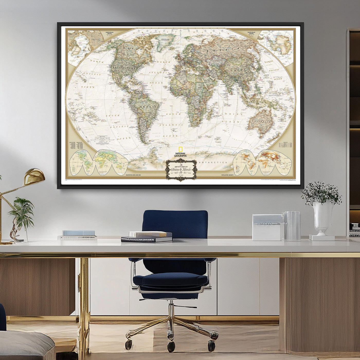 -World Map Wall Art Canvas – National Geographic Style Framed Map Print, Elegant Educational Wall Decor for Home, Office