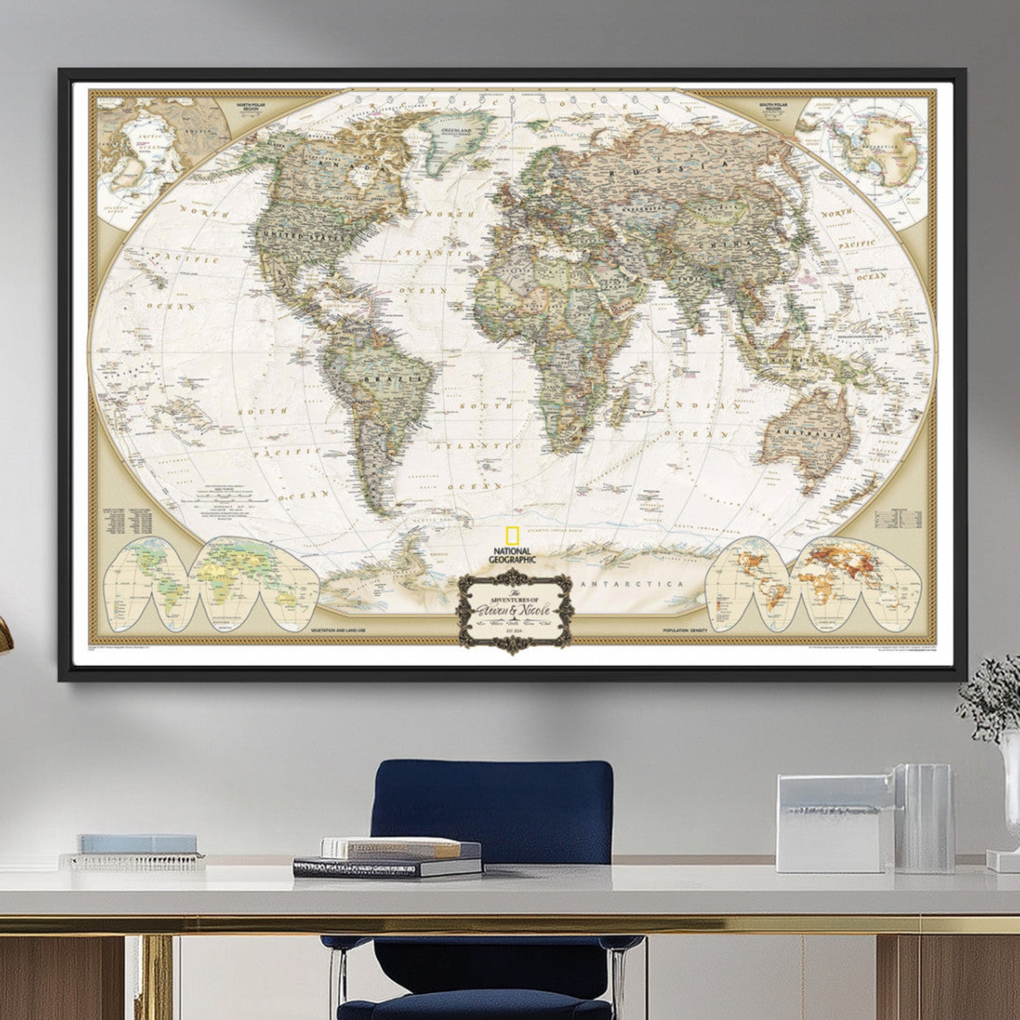 Rehber01-MGV-CV-36X24-World Map Wall Art Canvas – National Geographic Style Framed Map Print, Elegant Educational Wall Decor for Home, Office