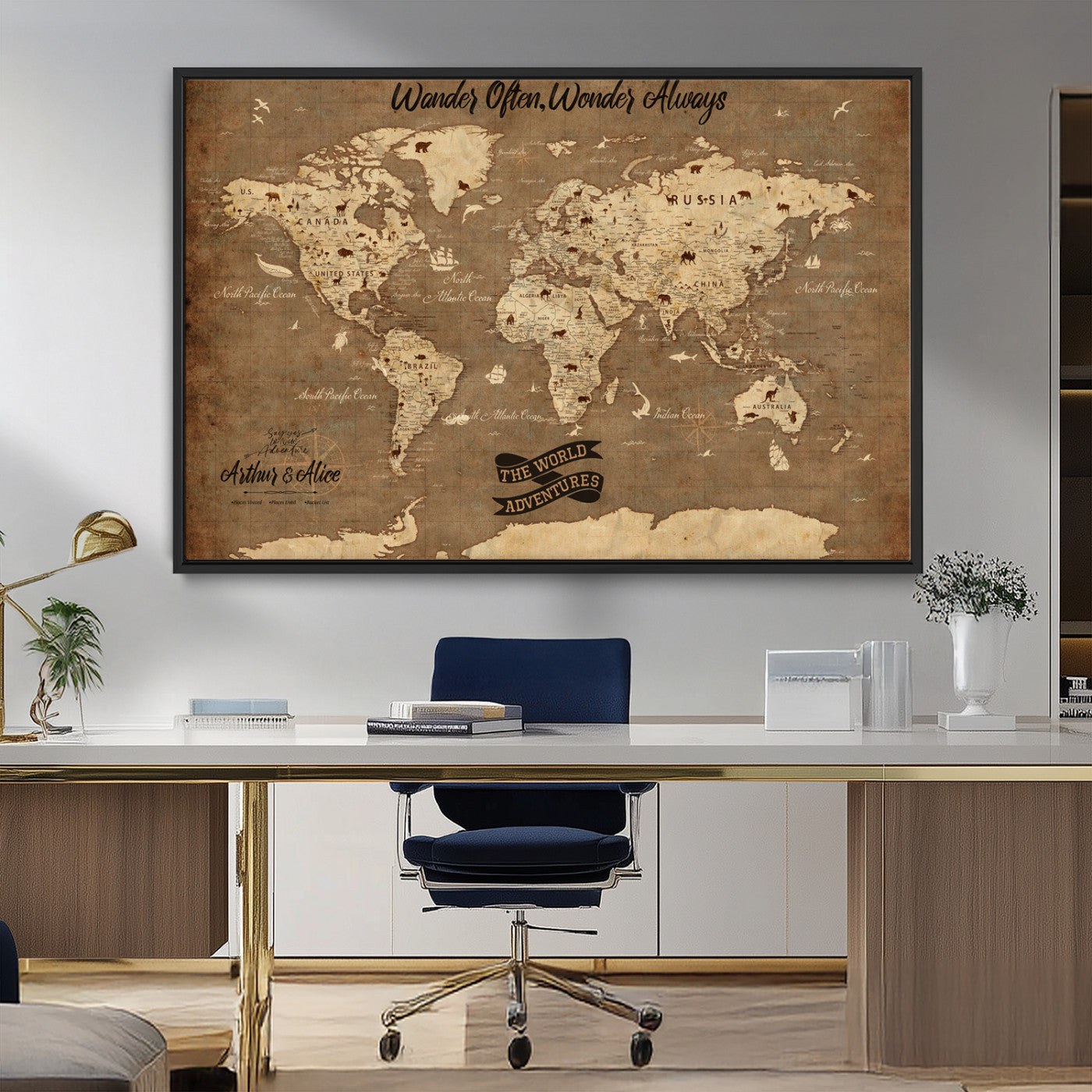 Rehber01-MGV-CV-36X24-Customize Push Pin World Map Wall Art Canvas Print – Personalized Kids Room Framed Map Adventure Travel for home, office