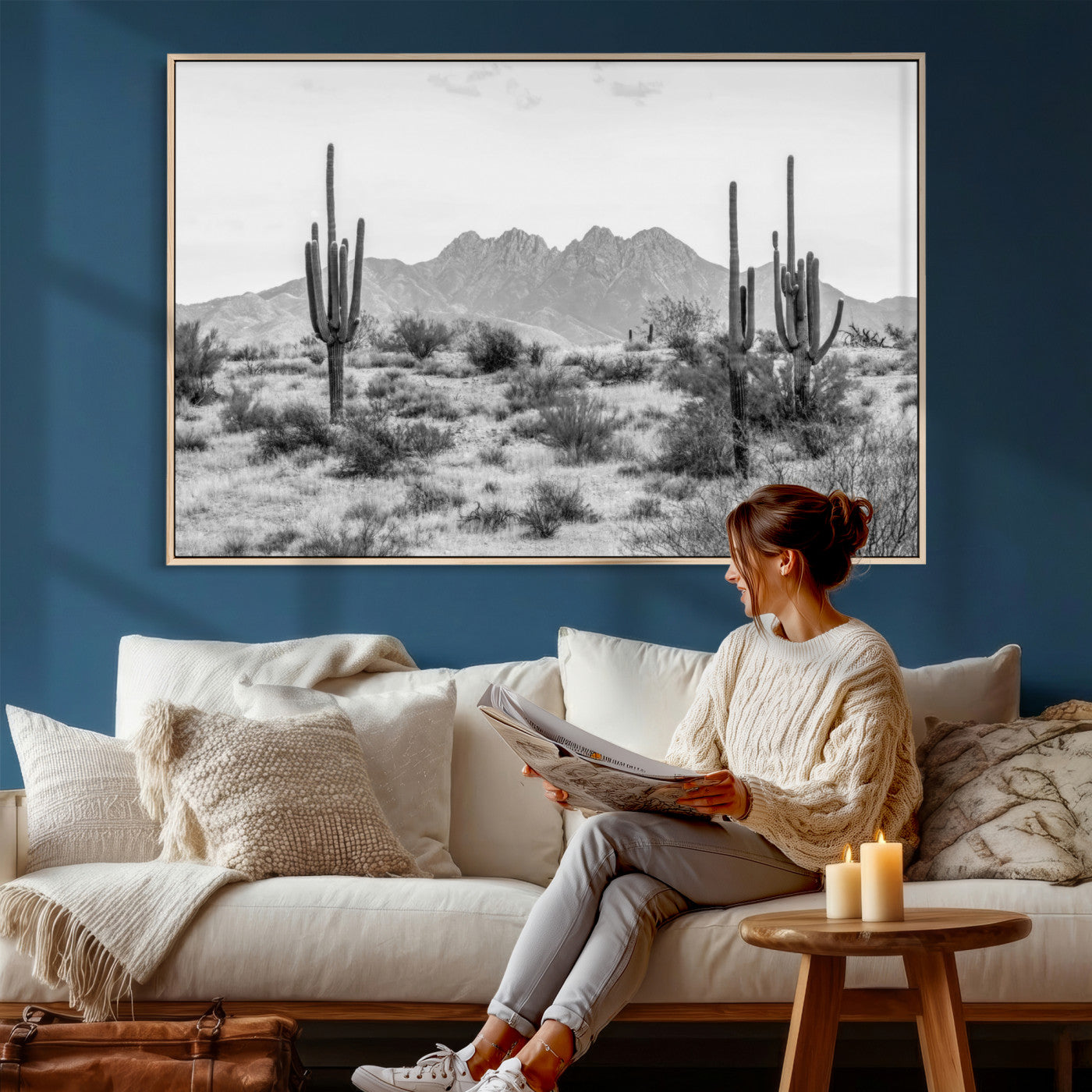 97436PHN-MGV-CV-36X24 - Black White Arizona Desert Canvas Wall Art Cactus Farmhouse Wall Art