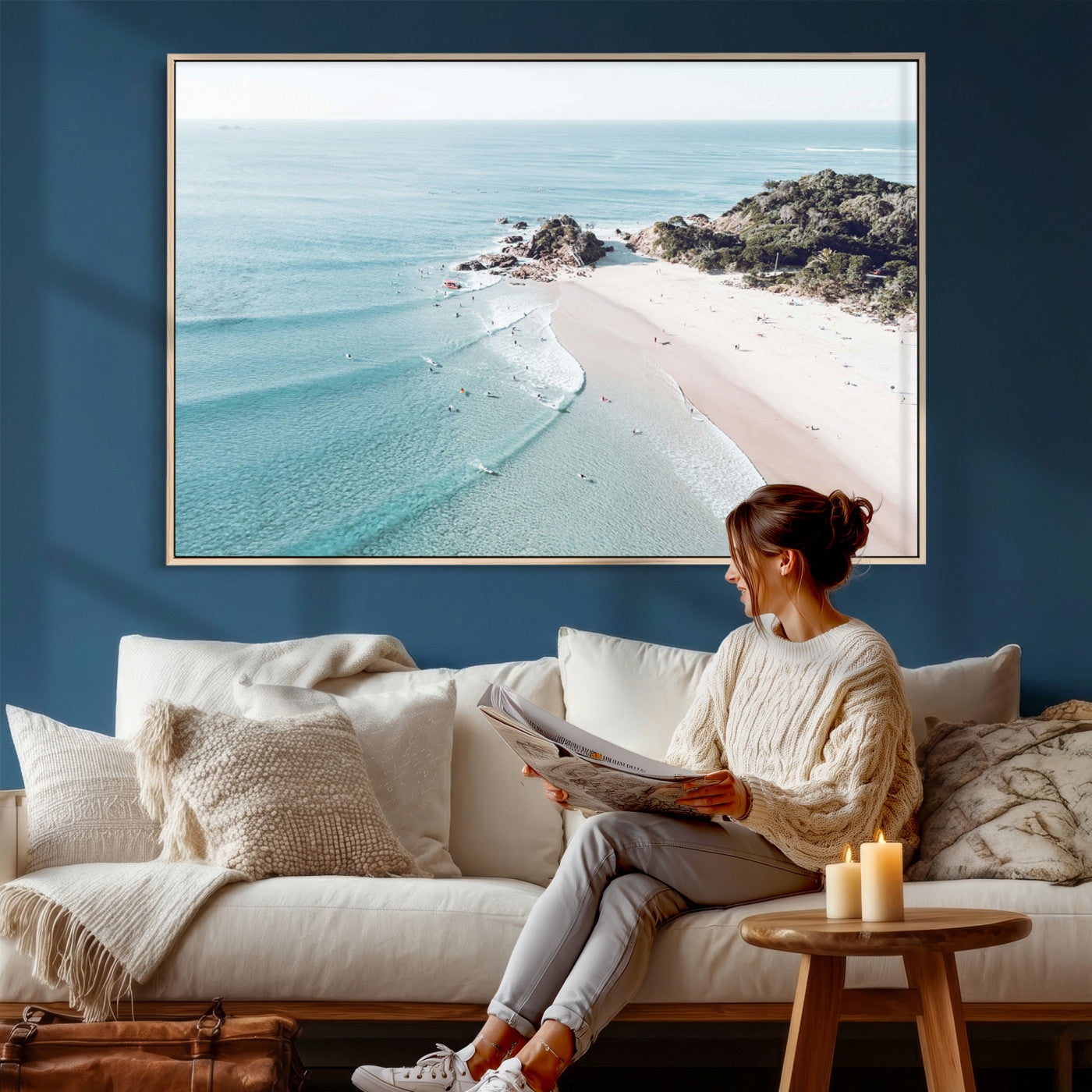 79395467-MGV-CV-36X24 - Aerial Beach Wall Art Canvas Print, Coastal Ocean Waves and Surfers Scenic Seaside Artwork for Home, Office Decor