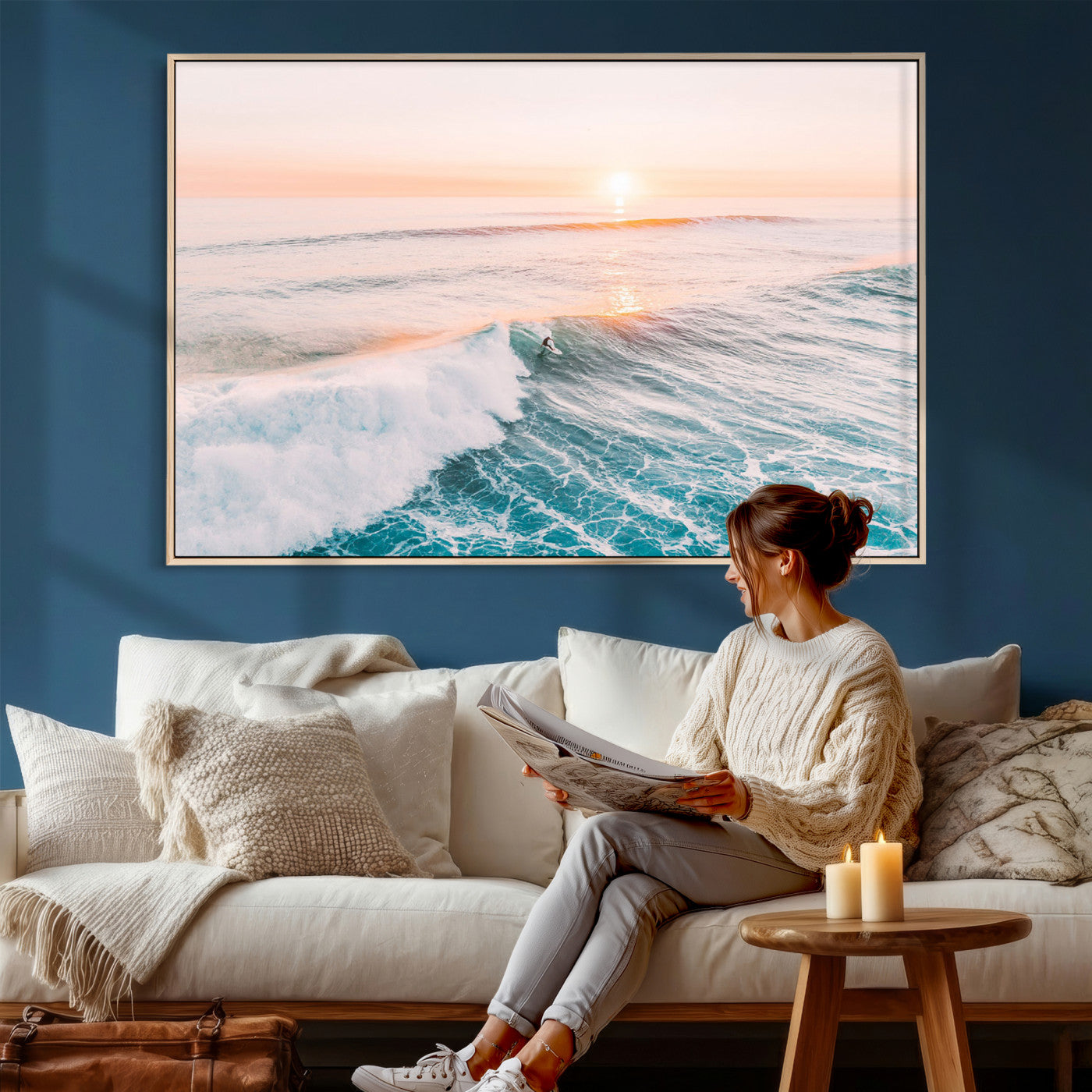 34064591-MGV-CV-36X24 - Sunset Surfing Wall Art Canvas Print, Ocean Wave Surfer with Golden Sky Artwork for Home, Office, Living Room