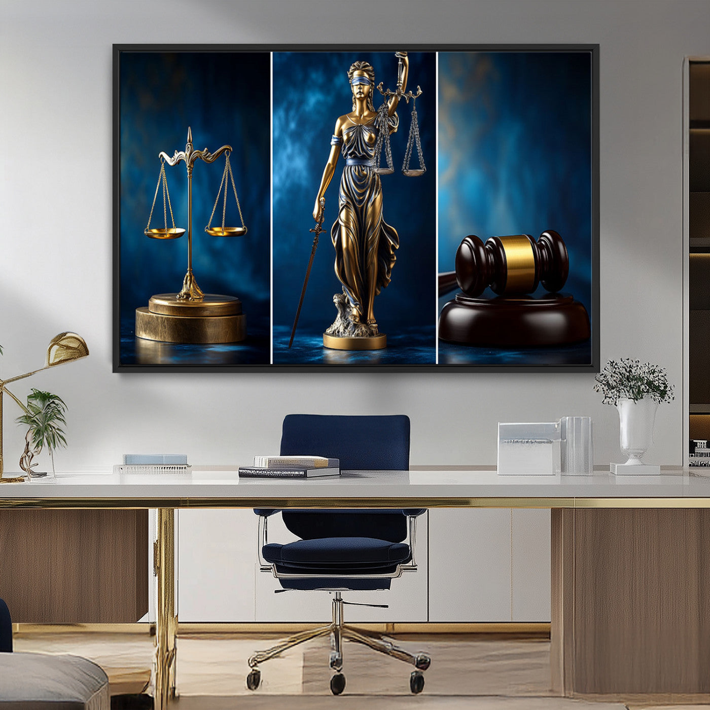 87750525-MGV-CV-36X24-Justice Scales Statue Wall Art, Lady Justice Sculpture Canvas Print, Legal Law Decor, Courtroom