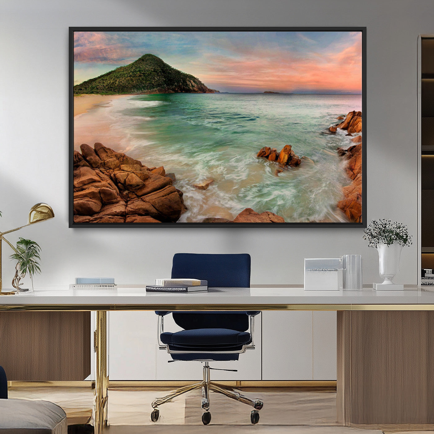 53831025-MGV-FC-36X24_Black-Coastal Landscape Wall Art Canvas Print – Rocky Shore and Green Hills at Sunset Beautiful Ocean View Artwork for Home, Office