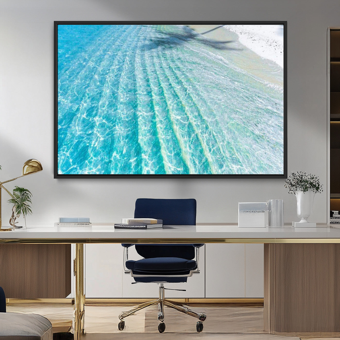 17528159-MGV-FC-36X24_Black-Crystal Clear Ocean Wall Art Canvas Print – Sunlight Reflections and Palm Tree Shadow on Sandy Beach Artwork for Home, Office