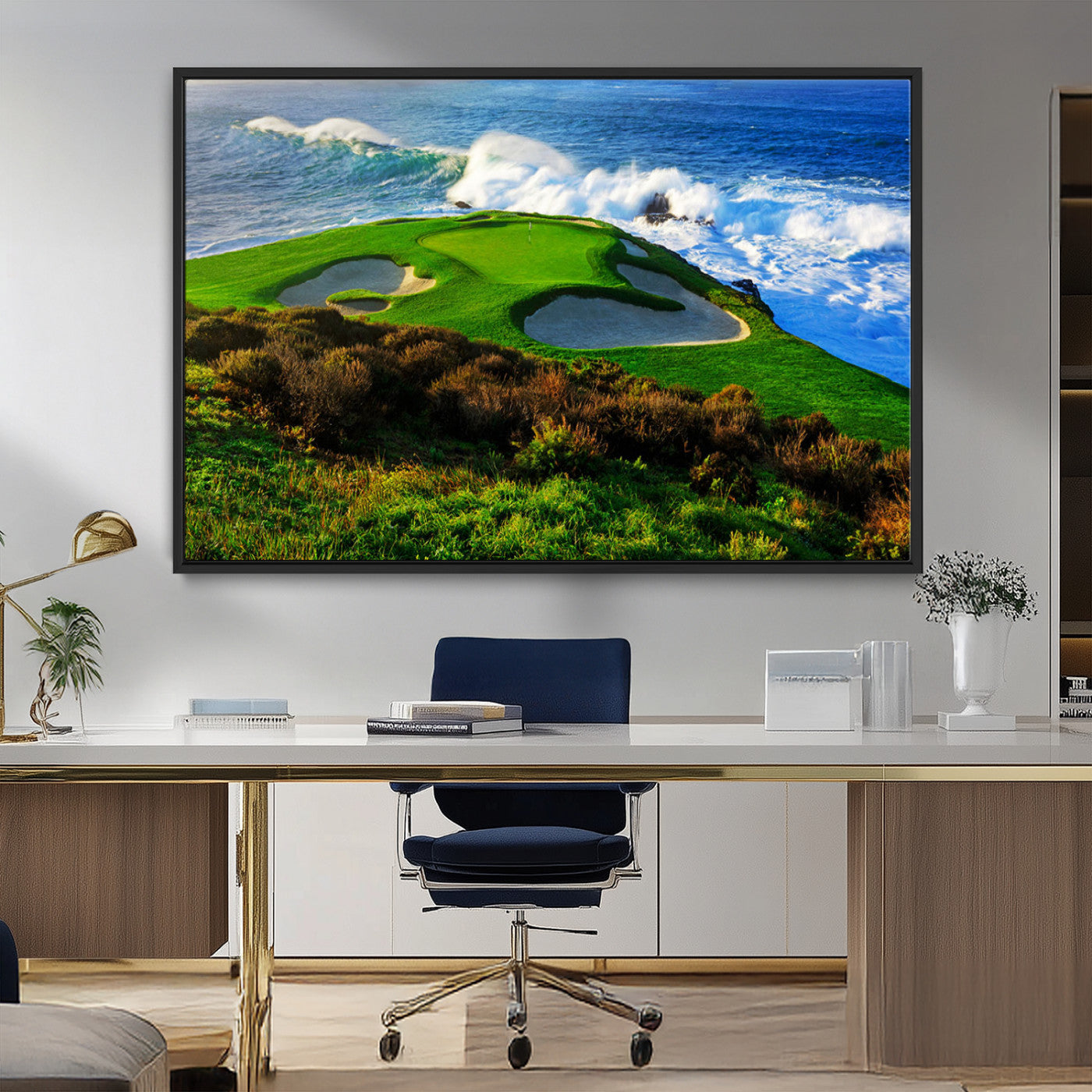 34181847-MGV-FC-36X24_Black-Coastal Golf Course Wall Art Canvas Print – Vibrant Green with Sand Bunkers Overlooking Ocean Waves Artwork for Home, Office