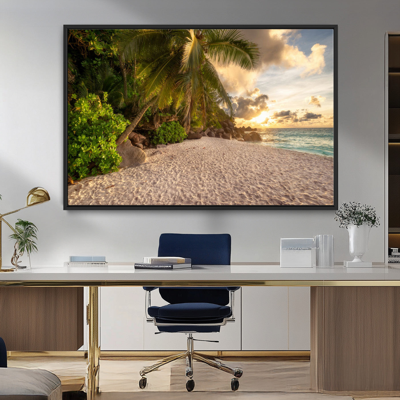 MGV-FC-36X24 - Tropical beach sunset, palm trees, white sand, ocean waves, golden sky, serene landscape, nature