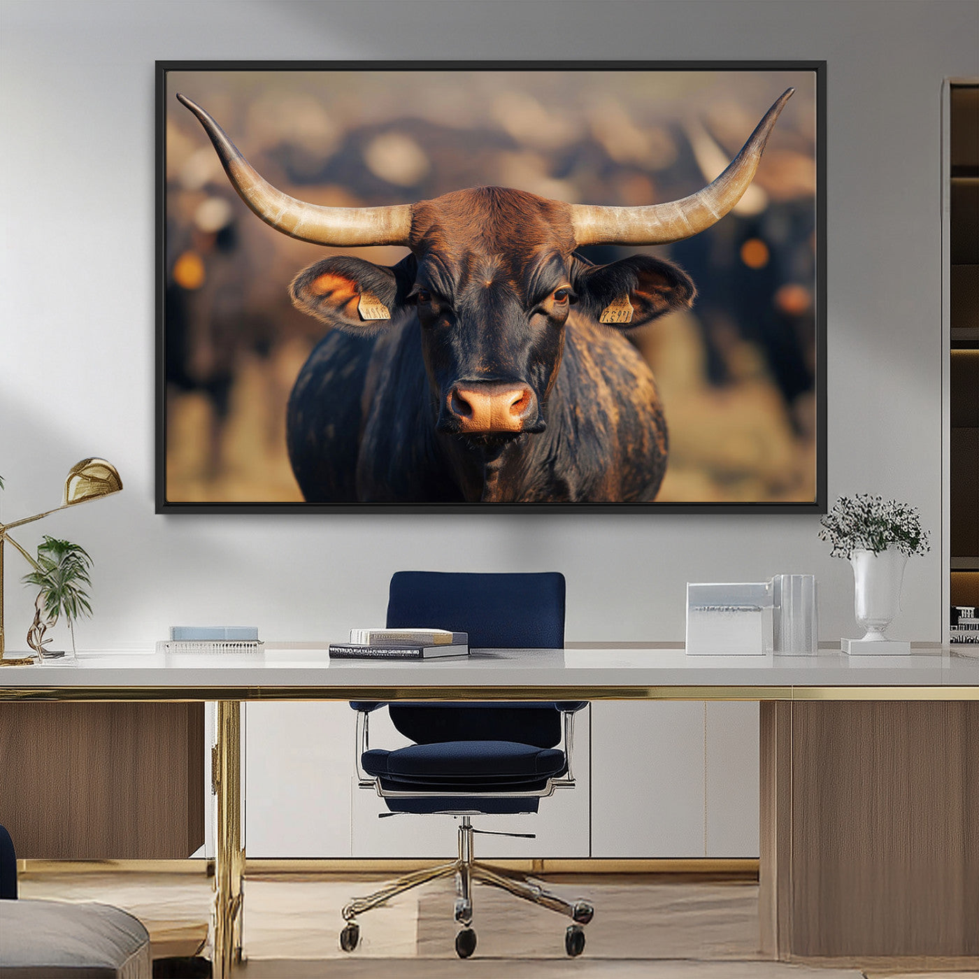 35515971-MGV-FC-36X24_Black-Majestic bull head close-up, long curved horns, detailed fur texture, warm sunlight, focused gaze,