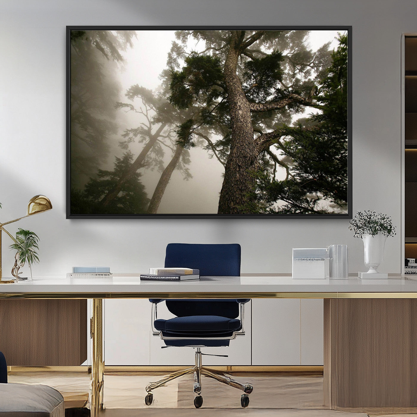 -Misty Forest Tall Trees Foggy Atmosphere Nature Serenity Calm Wooded Landscape Tranquil Scene