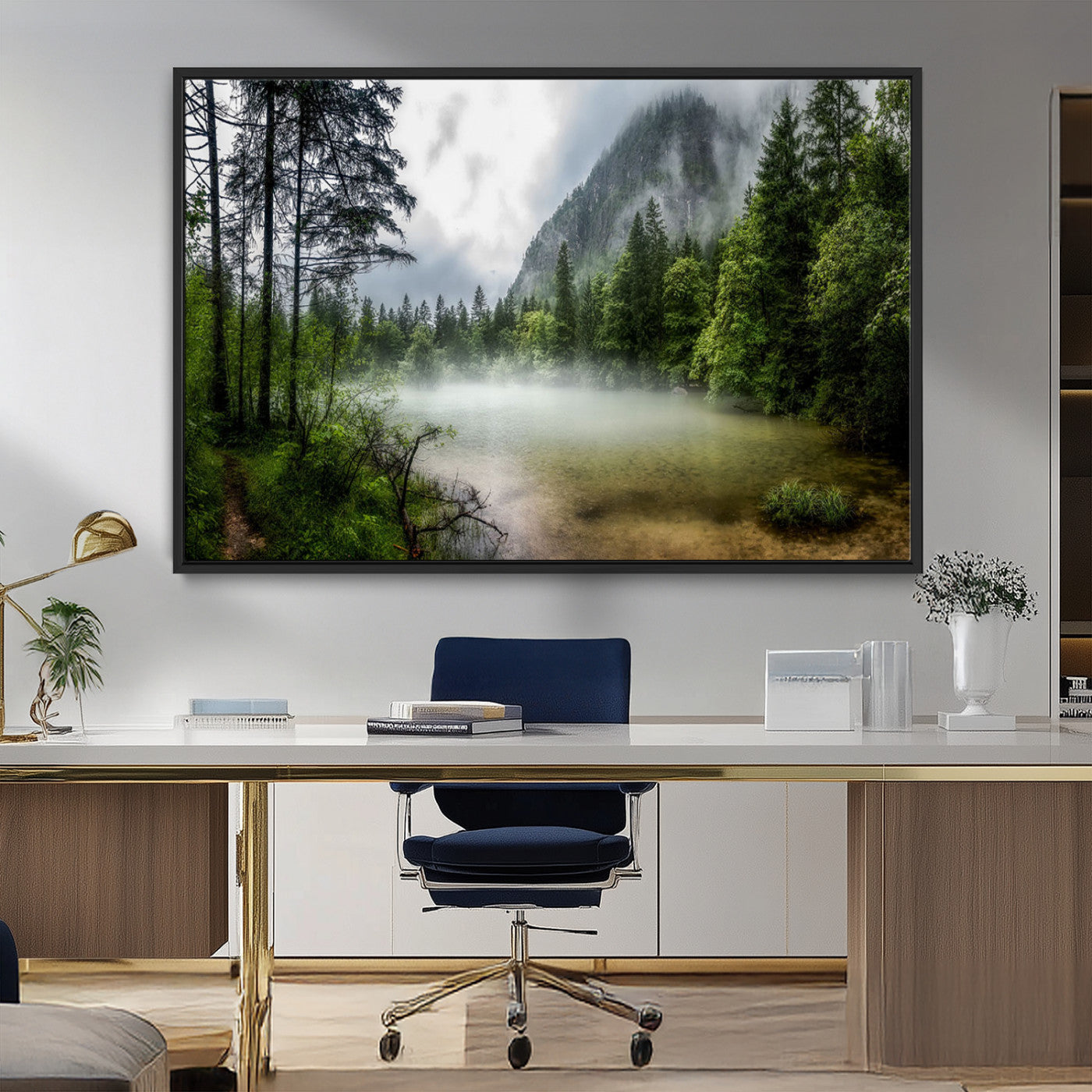 93123937-MGV-FC-36X24_Black-Misty Lake Forest Green Trees Calm Water Reflection Mountain Fog Nature Landscape Outdoor Scenic