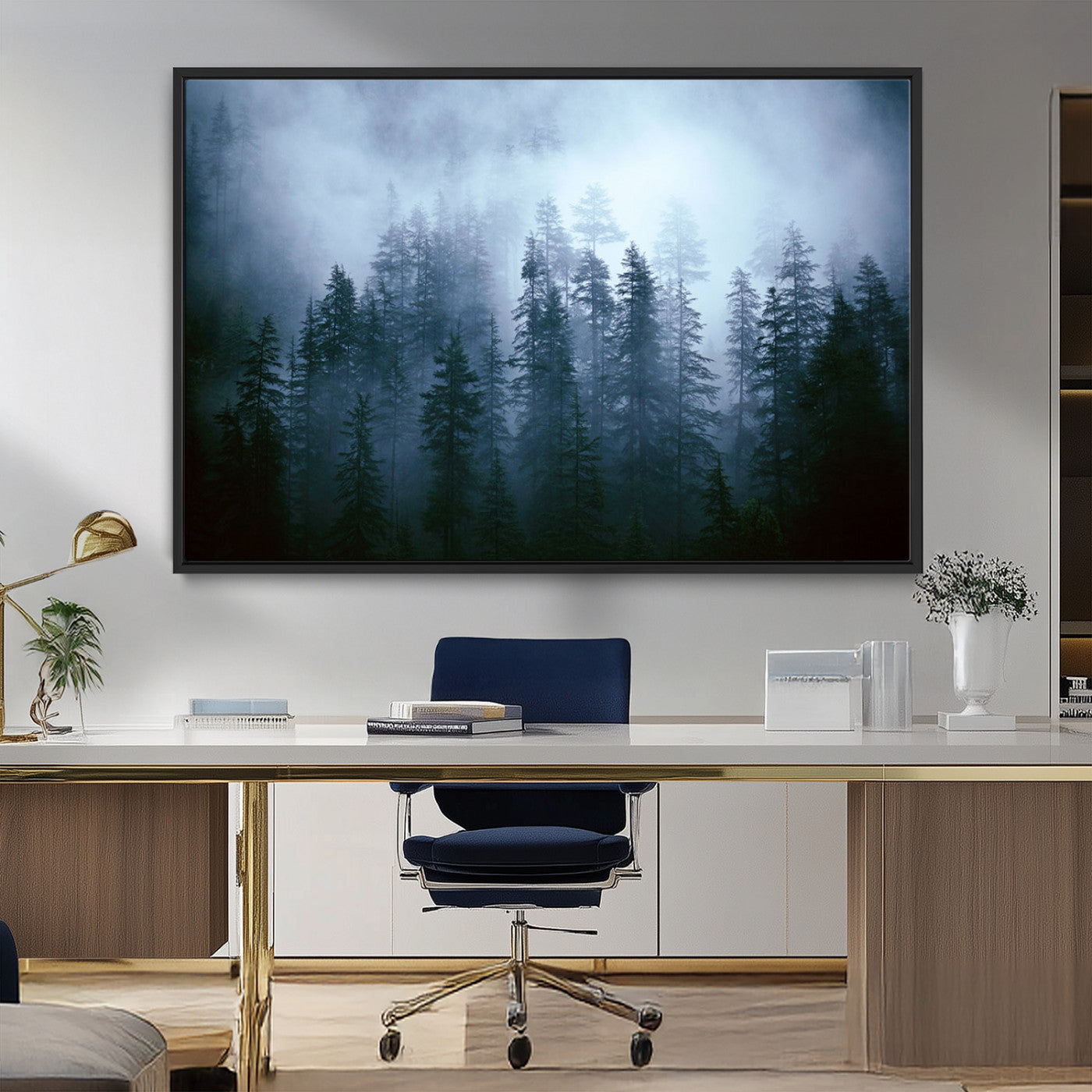93439624-MGV-FC-36X24_Black-Foggy Evergreen Pines Mist Forest Blue Haze Moody Atmospheric Wilderness Nature Trees Scenic
