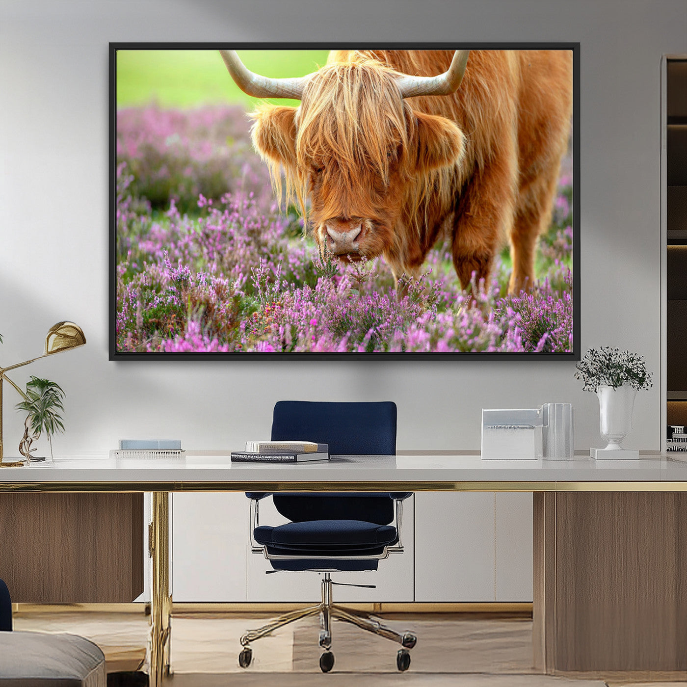 64069351-MGV-FC-36X24_Black-Highland Cow Wall Art Canvas Print – Framed Purple Flowers Scene with Grazing Animal Artwork for Home, Office