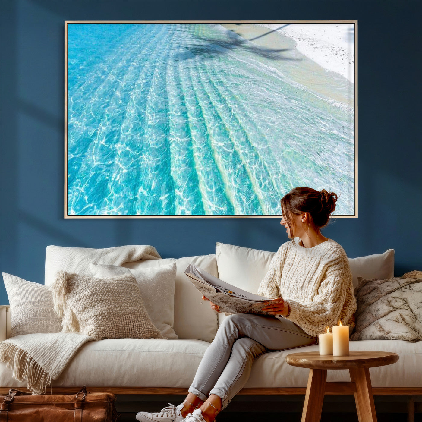 46233906-MGV-CV-36X24 - Serene Clear Blue Ocean Water Canvas Wall Art – Soft White Sand Shore Coastal Print for Home Decor, Relaxation, and Tranquil Vibes