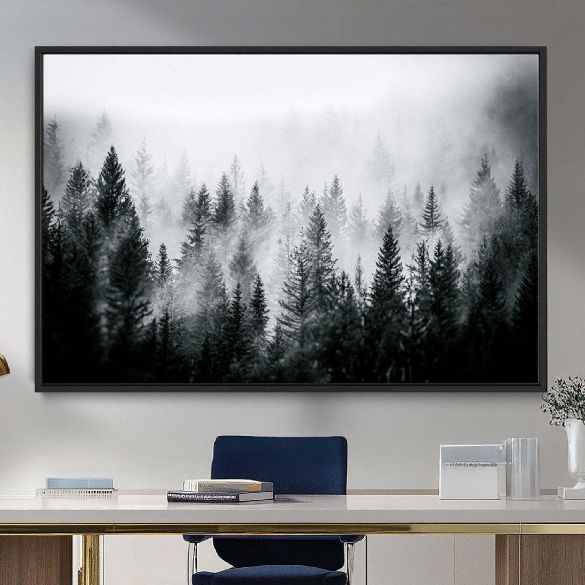 MGV-FC-36X24 - Foggy Pine Forest Canvas Wall Art – Black and White Nature Landscape Print, Horizontal Canvas for