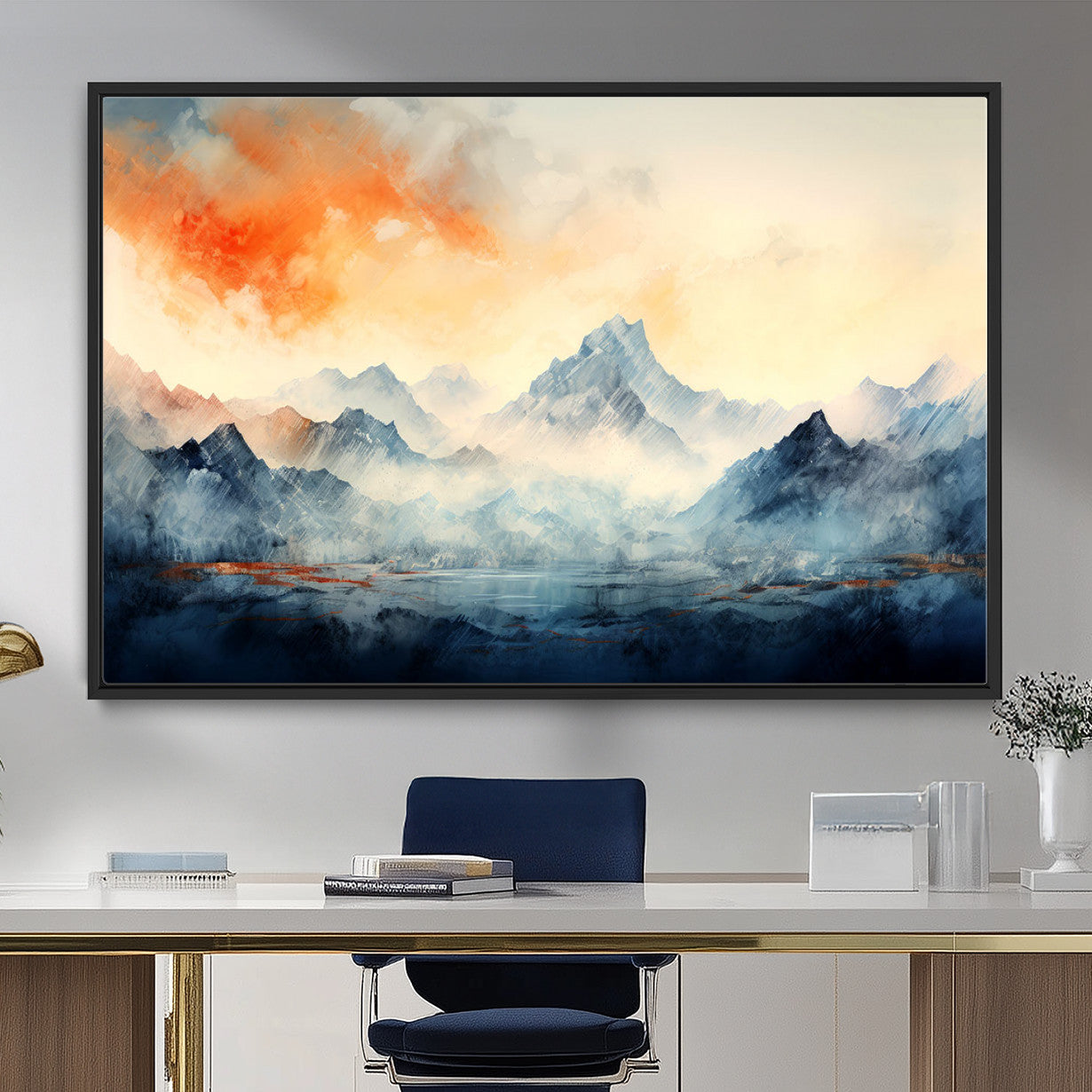 WRM1005-MGV-FC-36X24 - Warm Clouds Abstract Mountain Wall Art, Modern Landscape Canvas Print, Minimal Framed Artwork for Home, Office