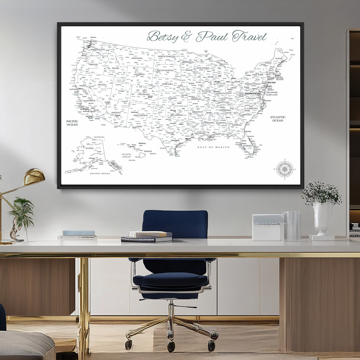 77805491-MGV-FC-36X24_Black-Personalized USA Map Wall Art Canvas Print – Custom Push Pin Travel American Map for Couples, Families, or Office Decor