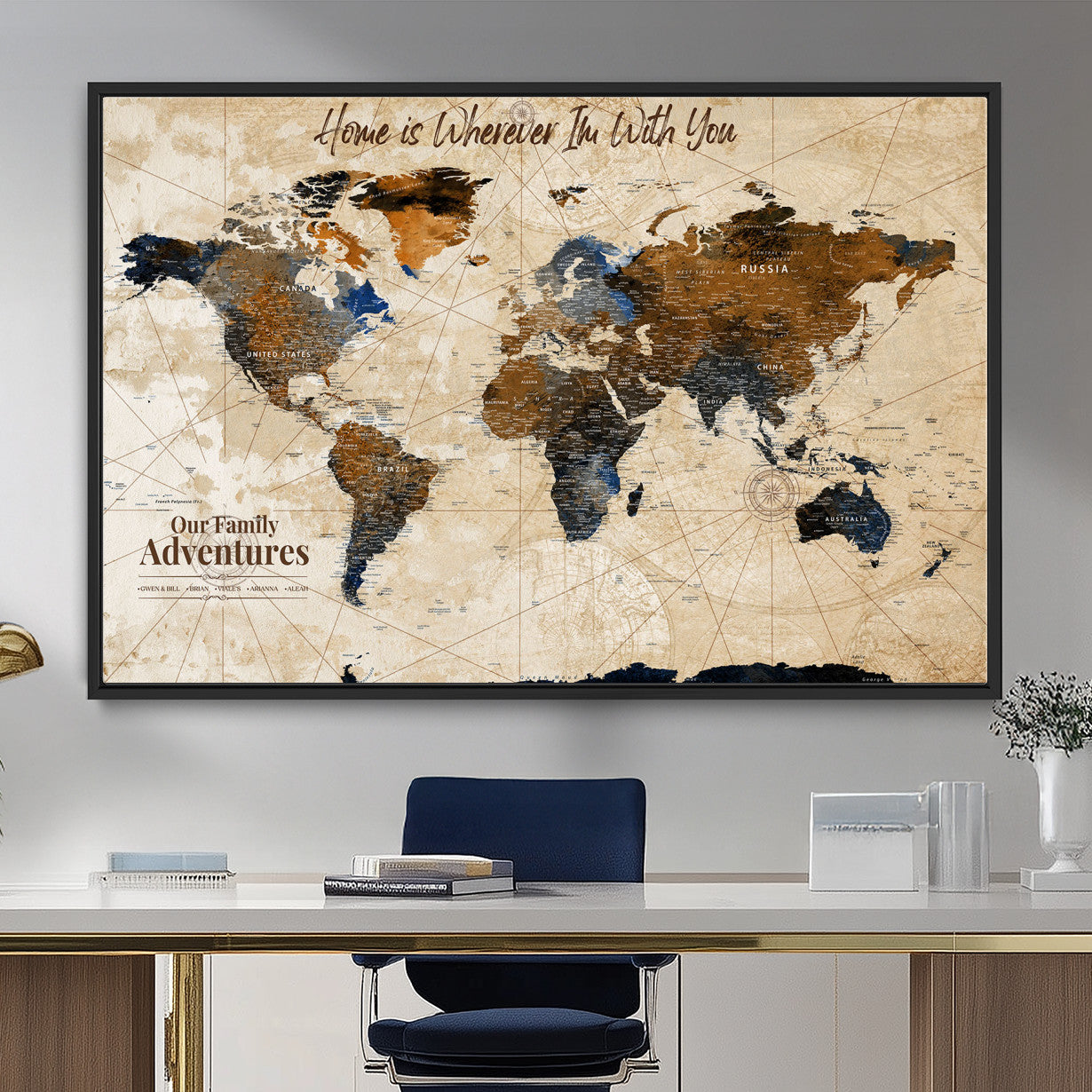 37709027-MGV-FC-36X24 - Customized Push Pin World Map Wall Art Canvas Print with Pins, Vintage Personalized Travel Tracker Map, Framed World Map for Living Room, Office and Home Decor