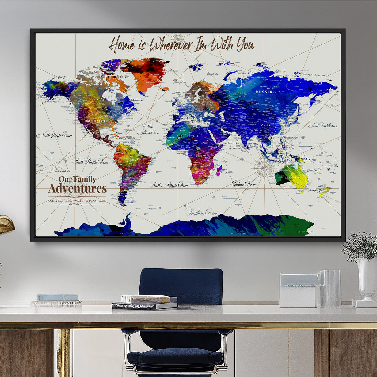 74686301-MGV-FC-36X24 - Customized Push Pin World Map Wall Art Canvas Print with Pins, Personalized Travel Tracker Map, Framed World Map for Living Room, Office and Home Decor