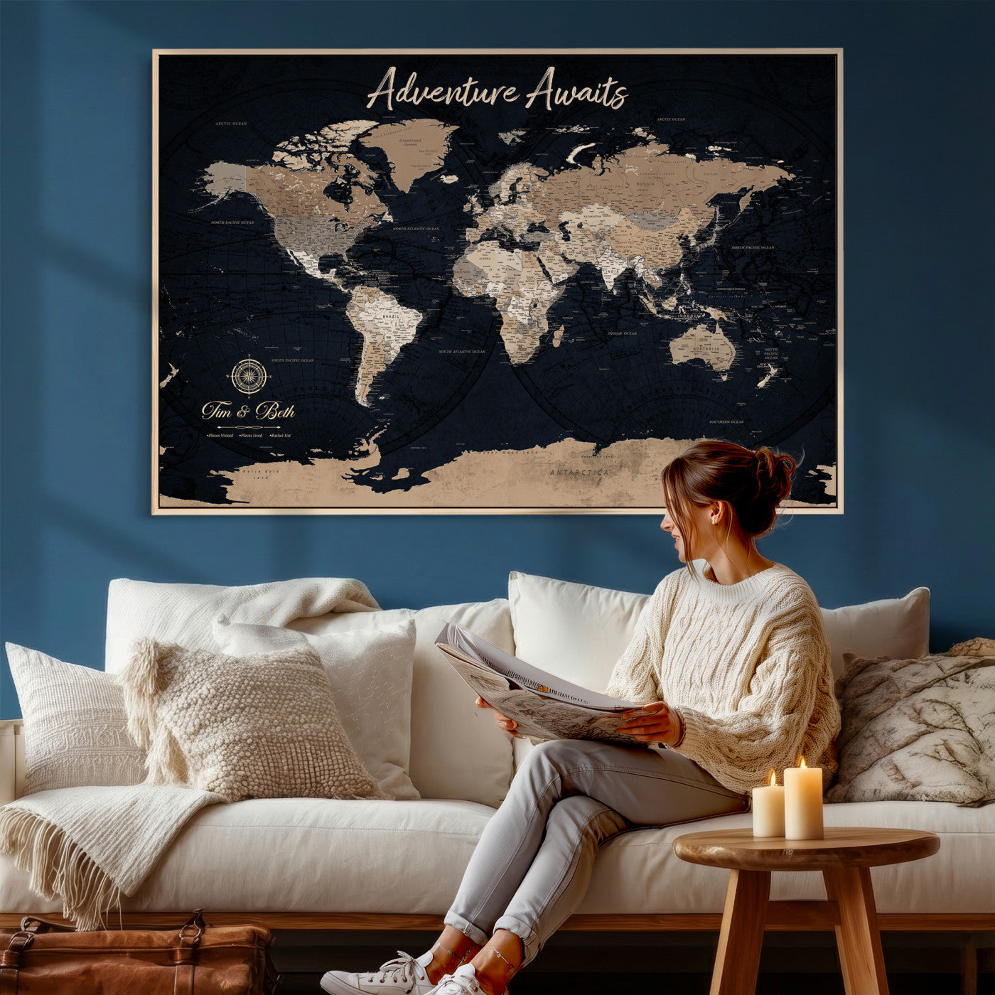 26996346-MGV-FC-36X24 - Personalized Push Pin World Map Wall Art Canvas Print with Pins – Customize Travel Tracker Map for Home and Office Décor