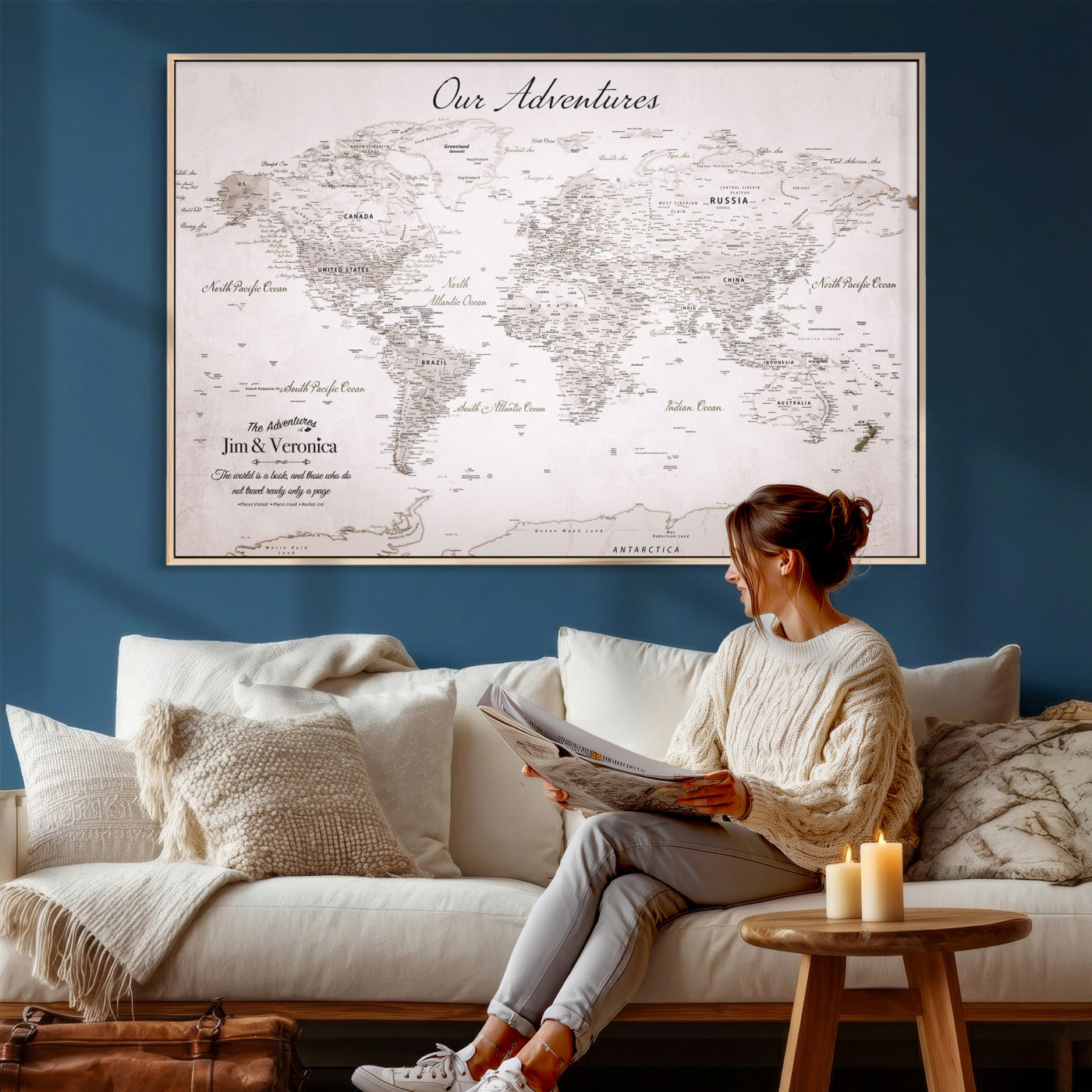 55881143-MGV-FC-36X24 - Personalized Push Pin World Map Wall Art Canvas Print with Pins – Customize Travel Tracker Map for Home and Office Décor
