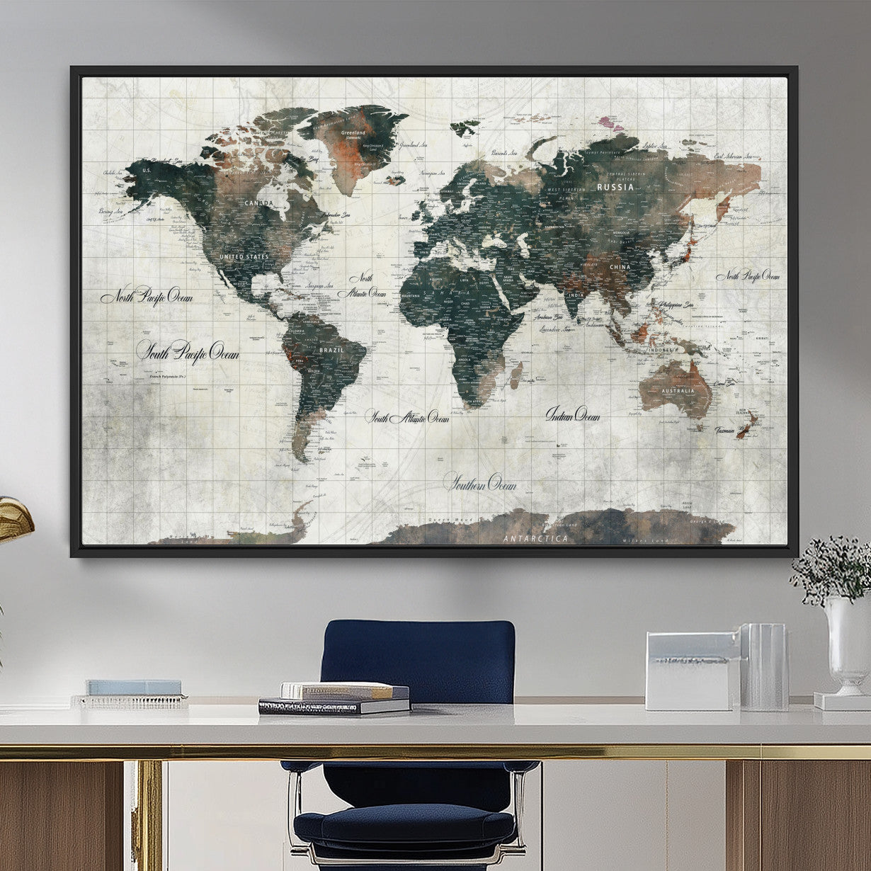 90149079-MGV-FC-36X24 - World Map Wall Art Canvas Print, Modern Decorative Framed Map Artwork Prints for Living Room, Office, Bedroom Wall Decor