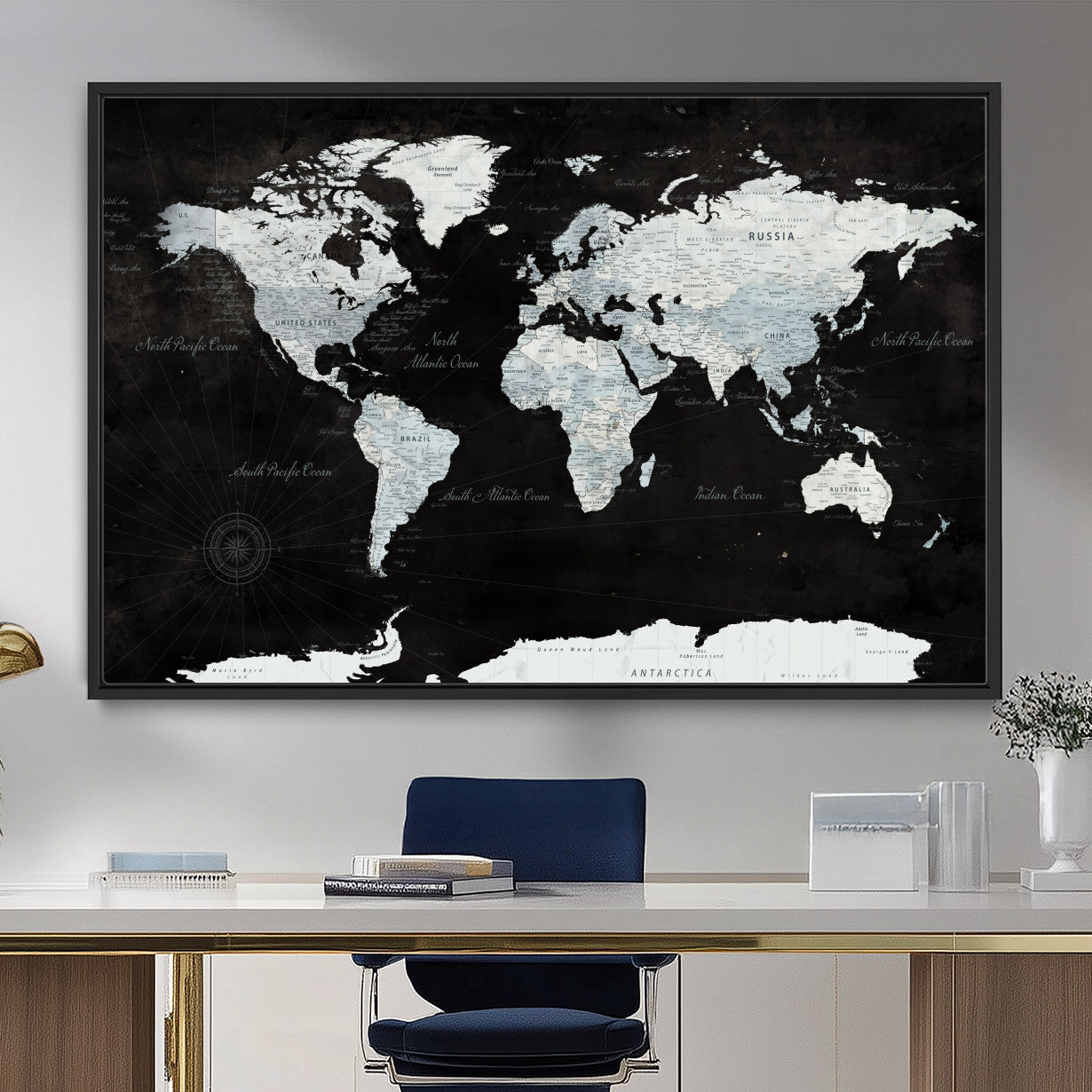 30759283-MGV-FC-36X24 - World Map Wall Art Canvas Print, Modern Decorative Framed Map Artwork Prints for Living Room, Office, Bedroom Wall Decor