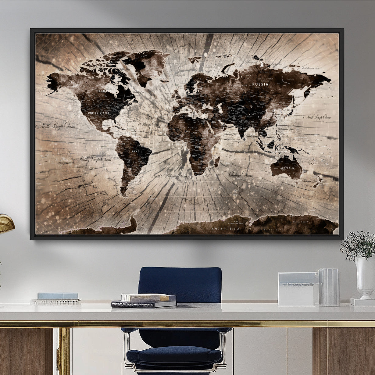 35326624-MGV-FC-36X24 - World Map Wall Art Canvas Print, Modern Decorative Framed Map Artwork Prints for Living Room, Office, Bedroom Wall Decor