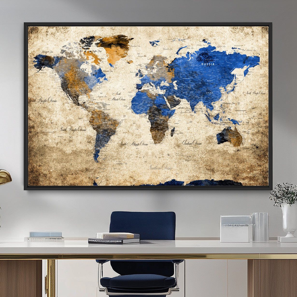 13564339-MGV-FC-36X24 - World Map Wall Art Canvas Print, Modern Decorative Framed Map Artwork Prints for Living Room, Office, Bedroom Wall Decor